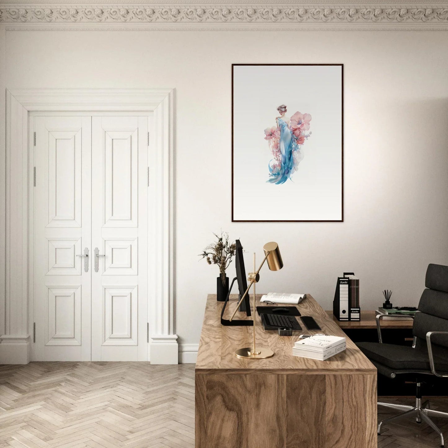 Cozy home office workspace featuring Petal Mirage wall art and a wooden desk setup