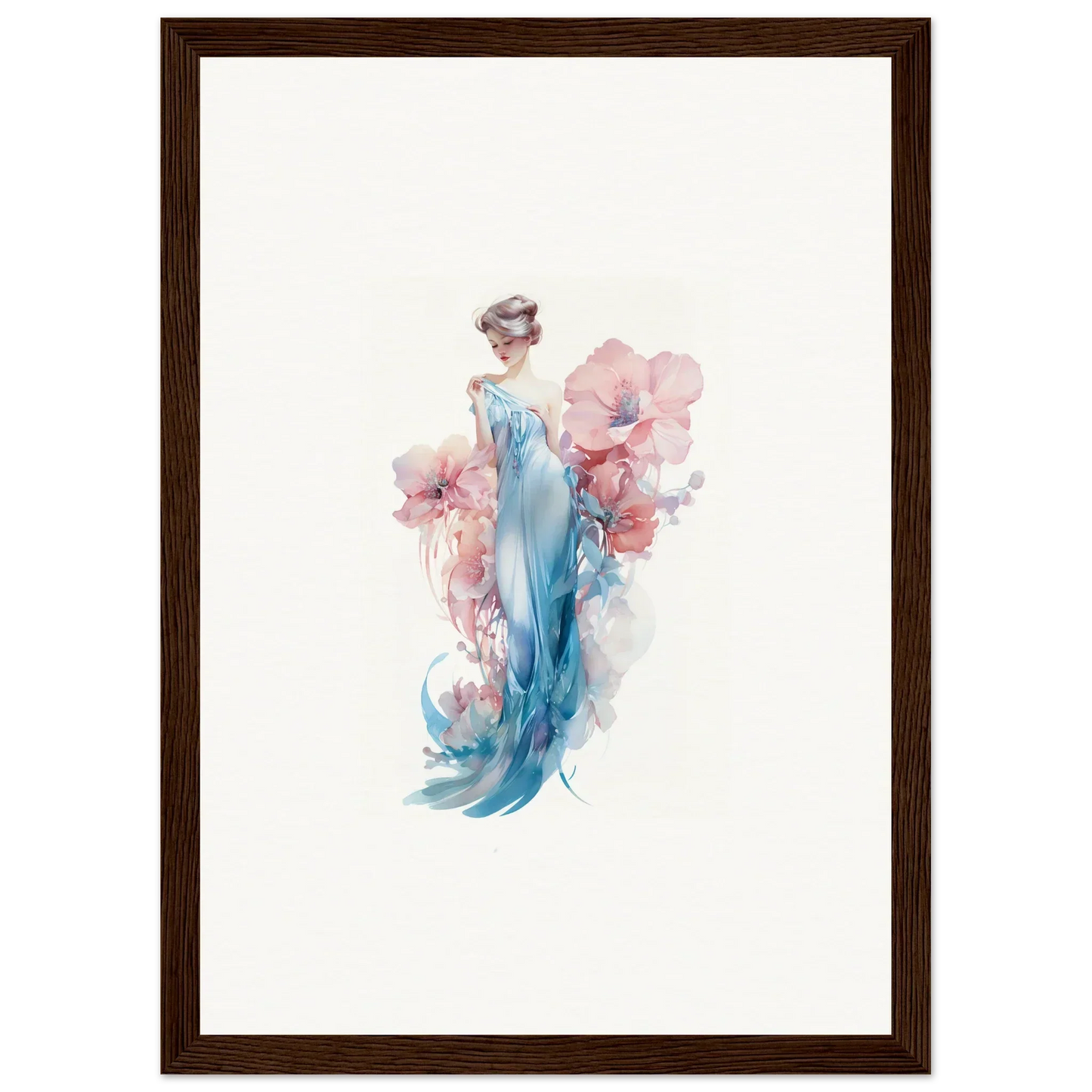 Watercolor wall art of a graceful figure in a blue dress with pink flowers for room decoration