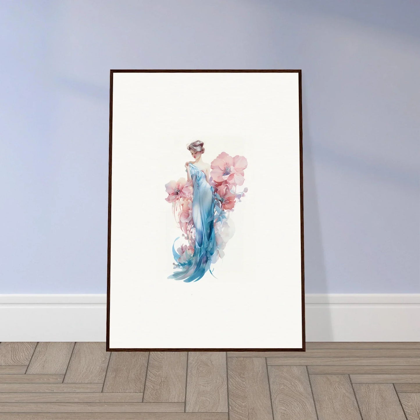 Framed watercolor wall art of an ethereal figure in a blue dress for room decoration