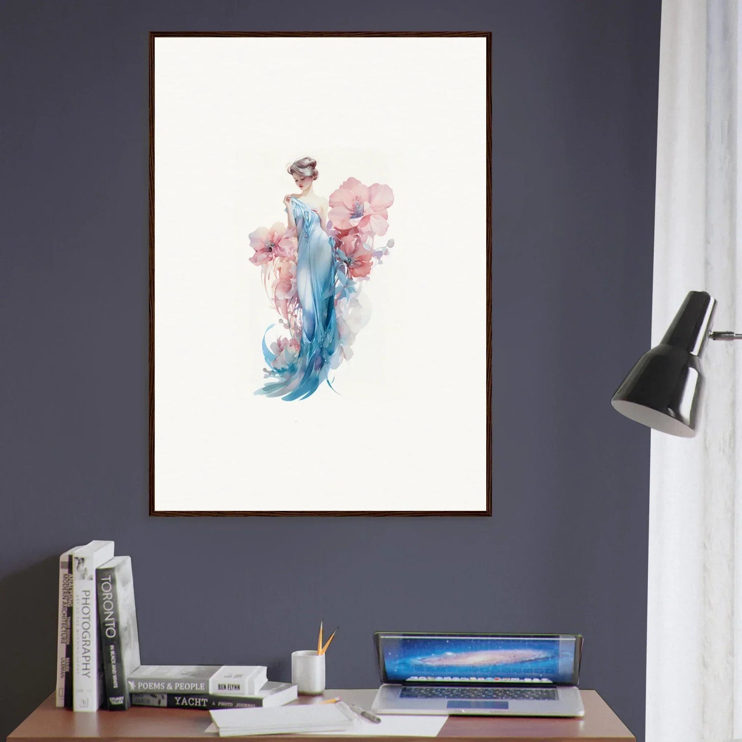 Framed watercolor wall art of a figure in a blue gown for chic room decoration
