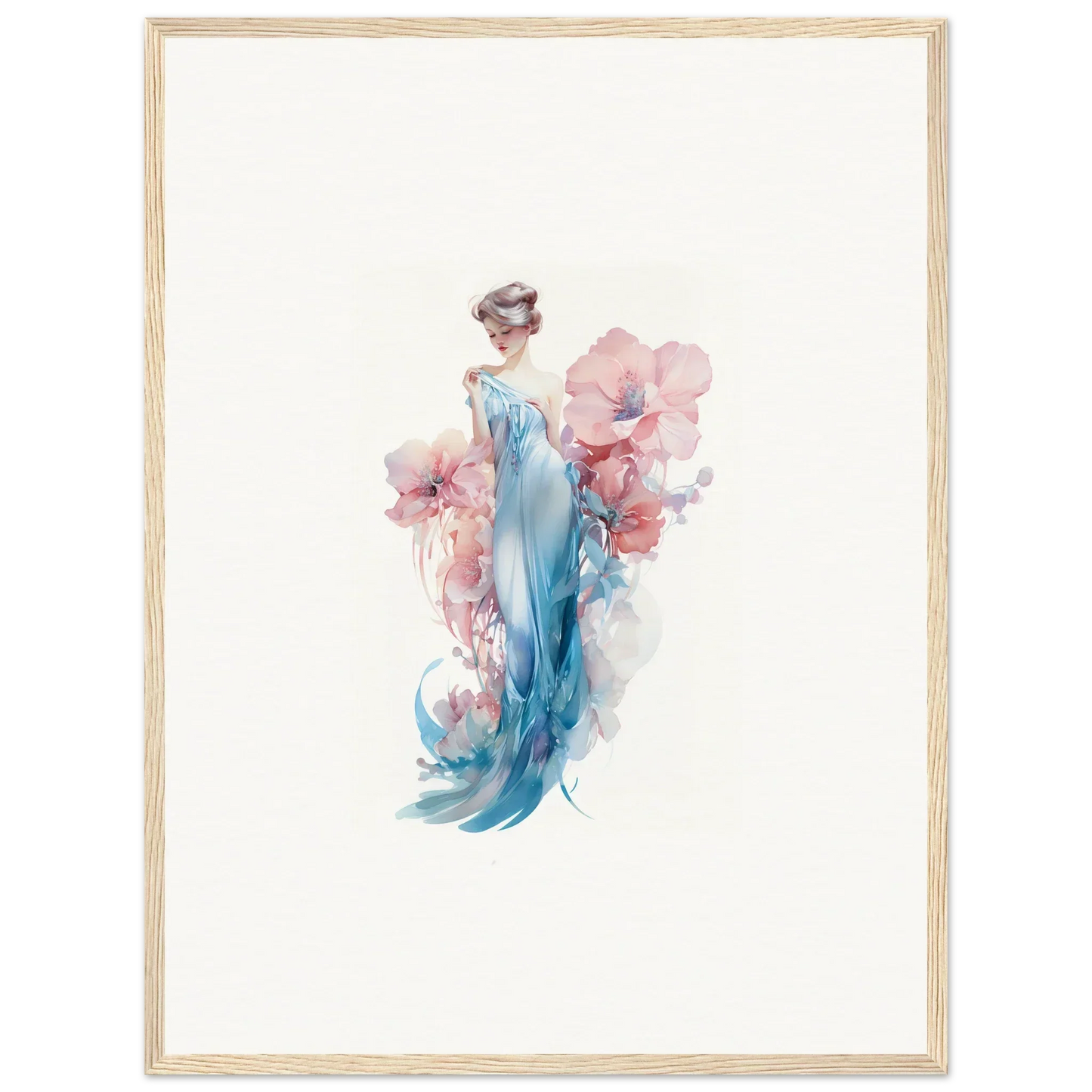 Watercolor wall art of a woman in blue dress with pink flowers for room decoration
