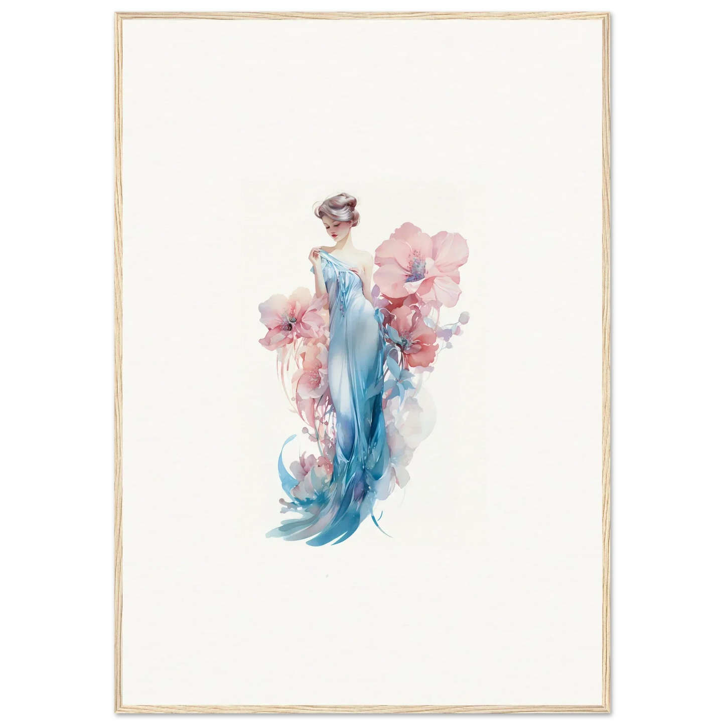 Watercolor wall art of a graceful figure in a blue dress for stylish room decoration