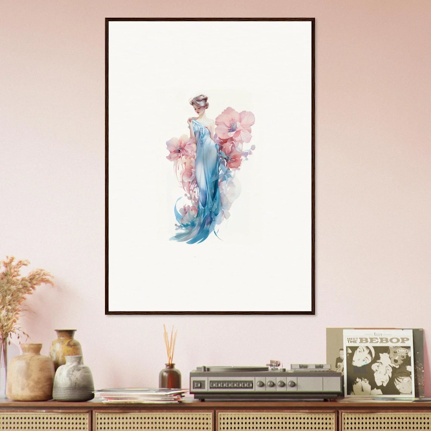 Elegant woman in blue dress, perfect wall art for chic room decoration, Petal Mirage