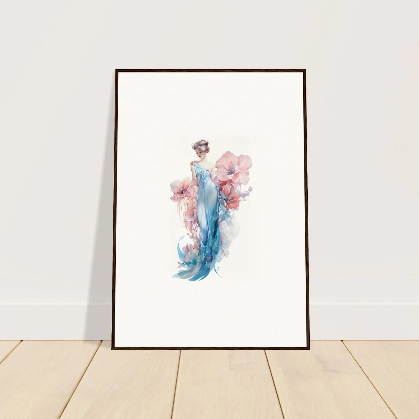 Framed watercolor wall art of a graceful blue figure with pink flowers for room decoration