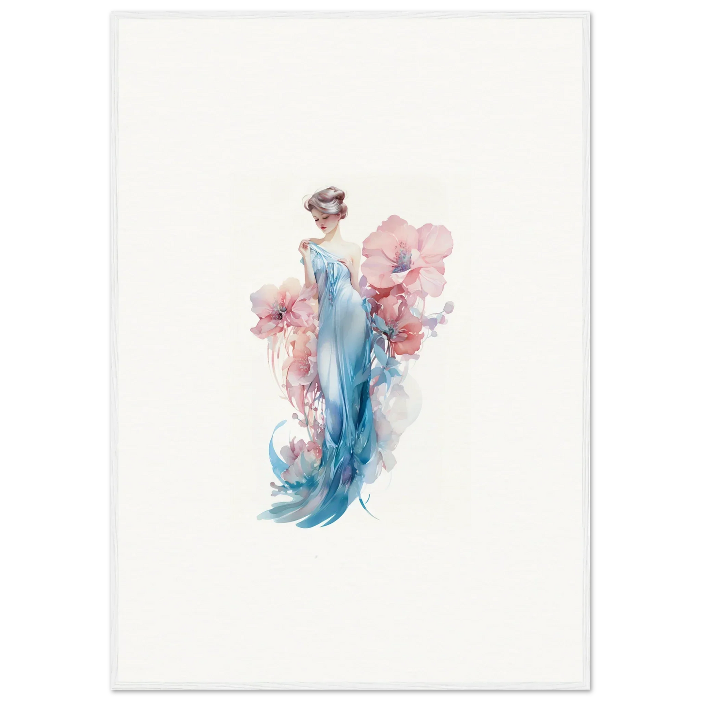 Watercolor canvas print of a figure in a blue dress with pink flowers for room decoration
