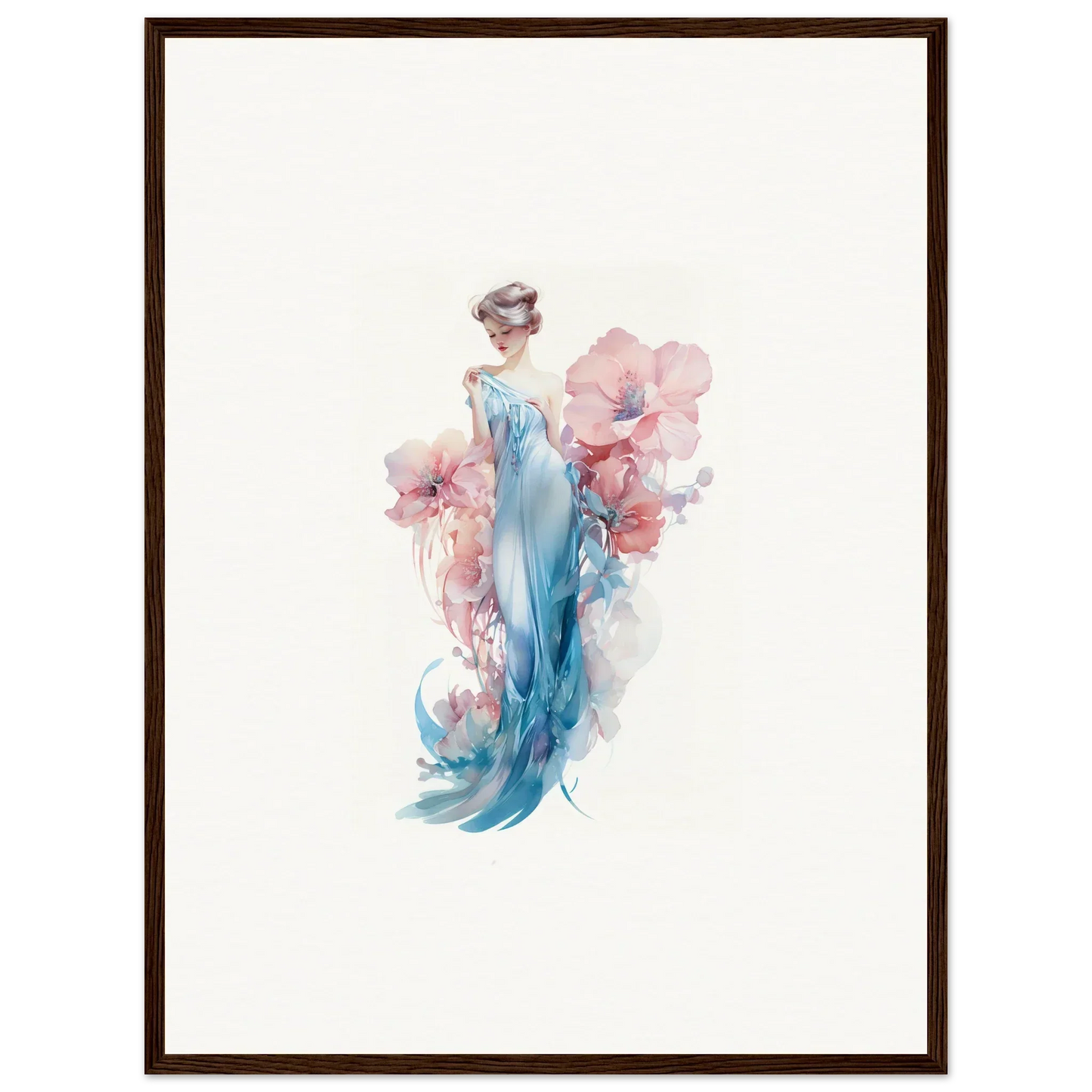 Watercolor canvas print of a graceful figure in blue gown with soft pink florals for room decoration