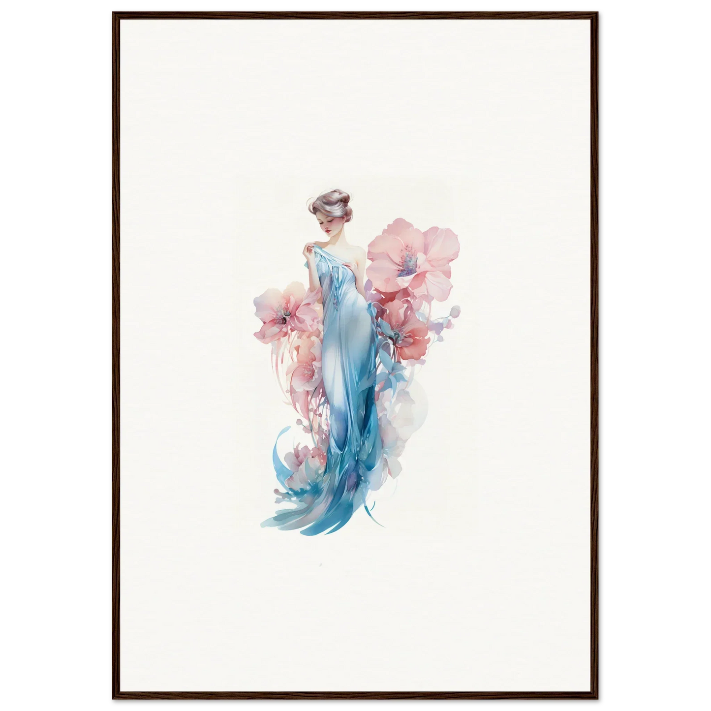 Watercolor wall art of a woman in a blue dress surrounded by pink flowers for room decoration