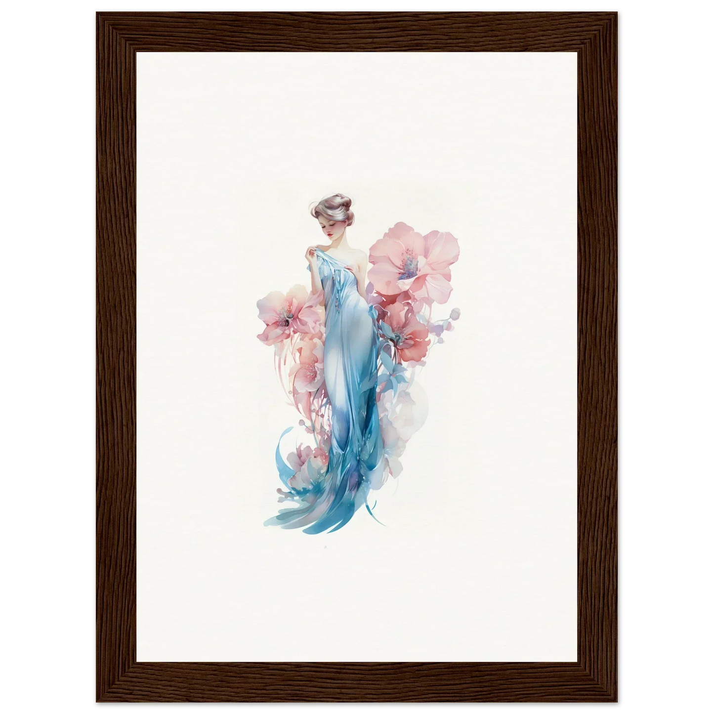 Watercolor canvas print of a woman in a blue dress with pink flowers for room decoration