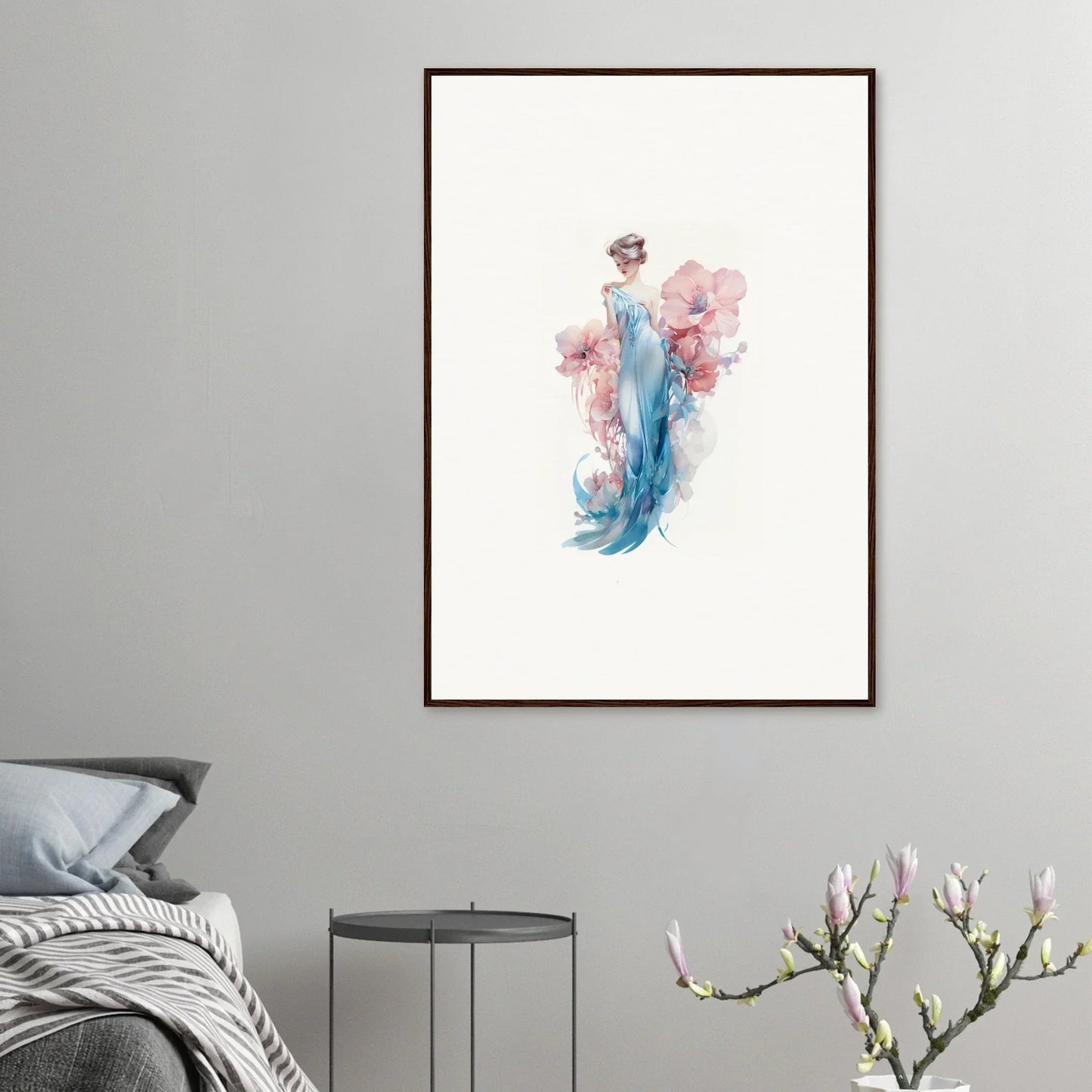 Watercolor wall art of a graceful figure in a blue dress for stylish room decoration