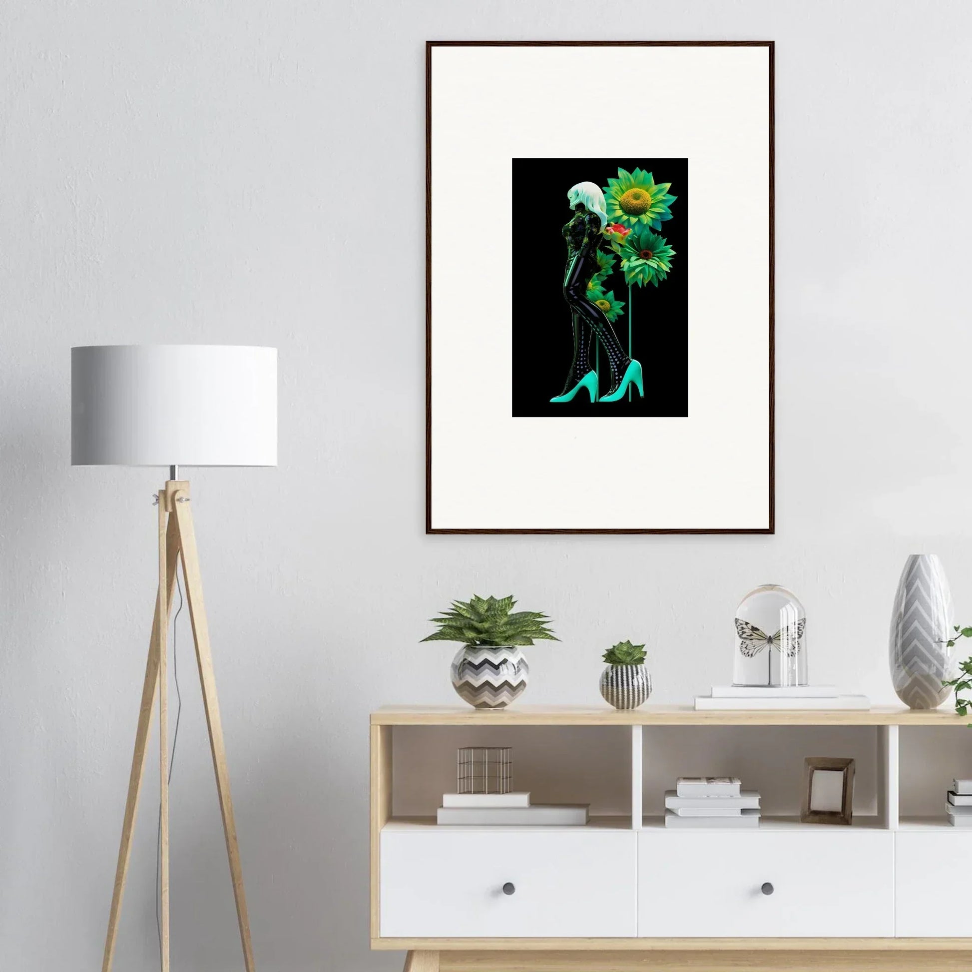Framed wall art of turquoise high heels with green sunflowers from Petal Mirage Vintage