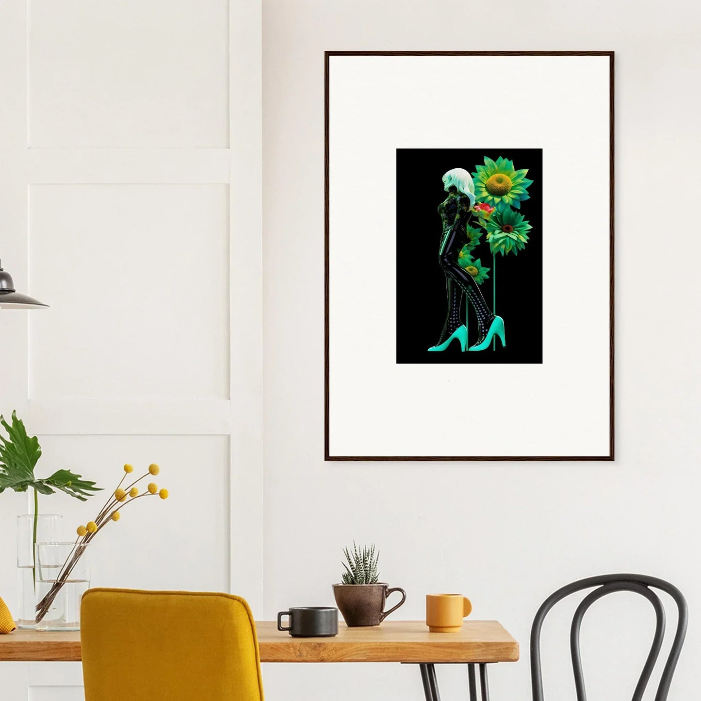 Framed wall art of turquoise high heels and green sunflowers from Petal Mirage Vintage