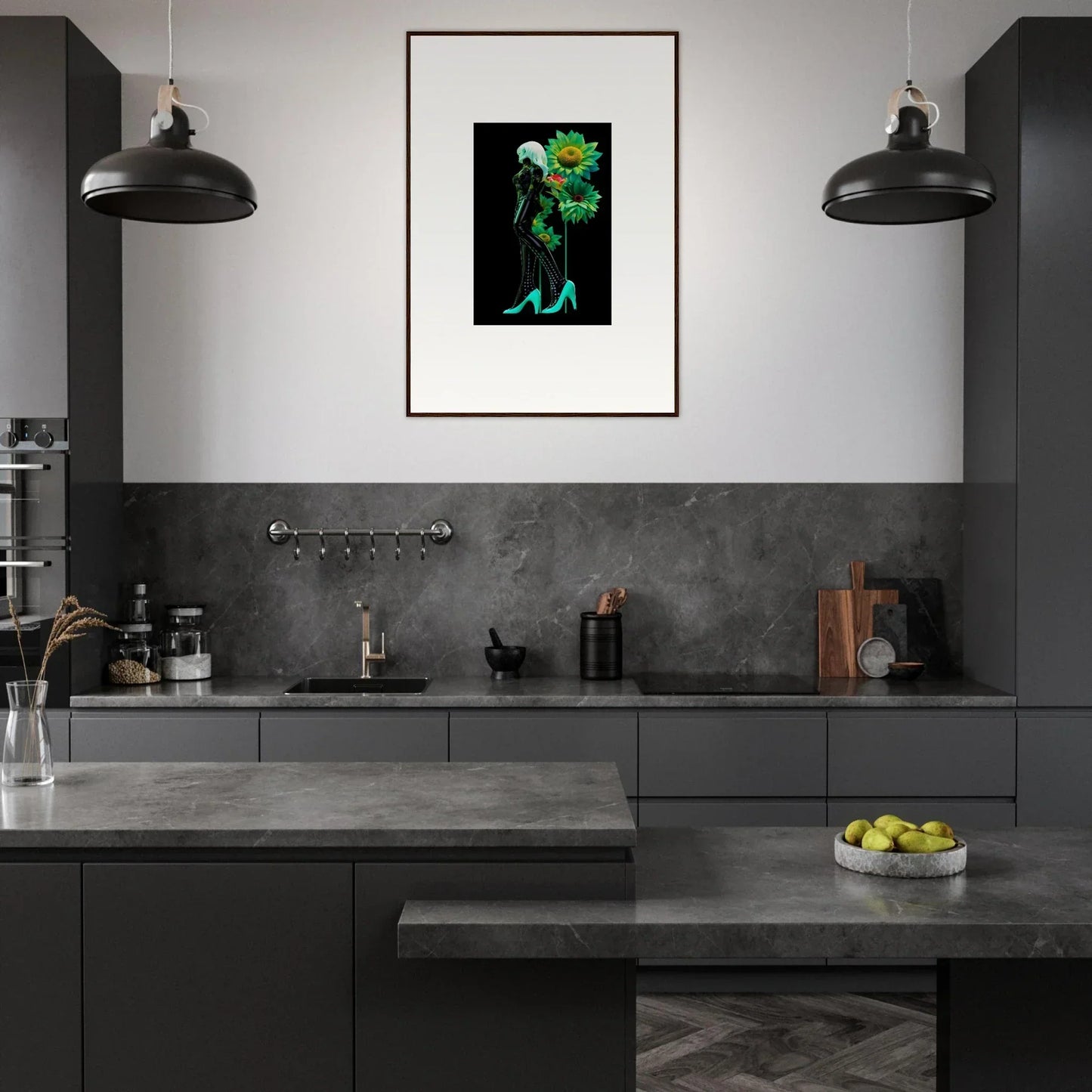 Modern dark gray kitchen featuring Petal Mirage Vintage framed wall art and industrial lights