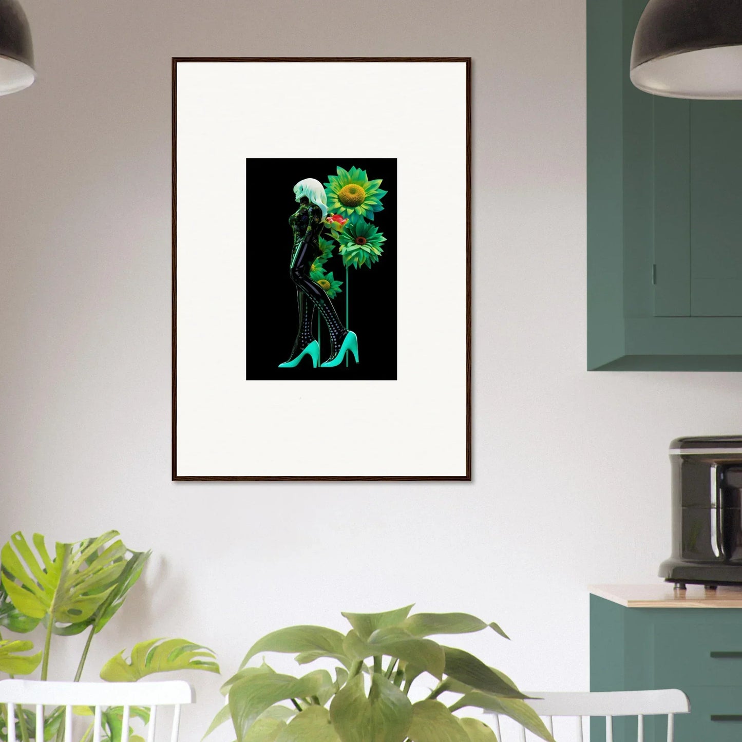 Framed wall art of silhouette in turquoise heels surrounded by green sunflowers from Petal Mirage Vintage