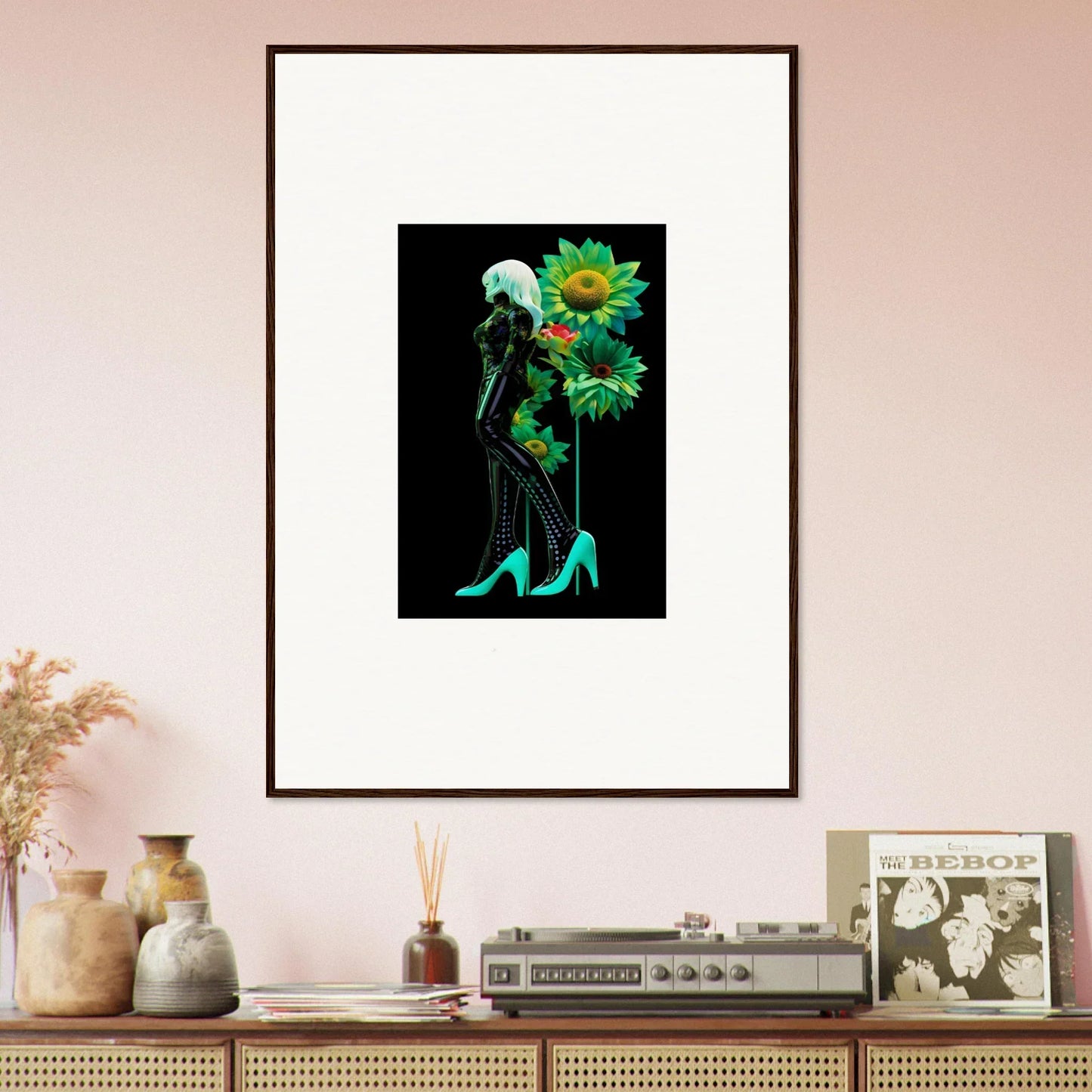 Framed wall art of Petal Mirage Vintage with turquoise heels and green florals