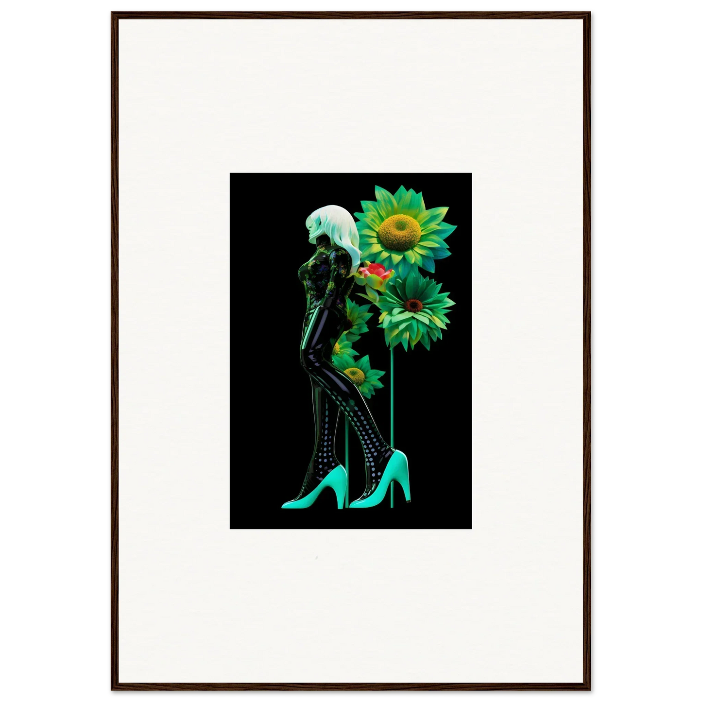 Silhouetted figure in turquoise heels with bright green and yellow sunflowers, Petal Mirage Vintage