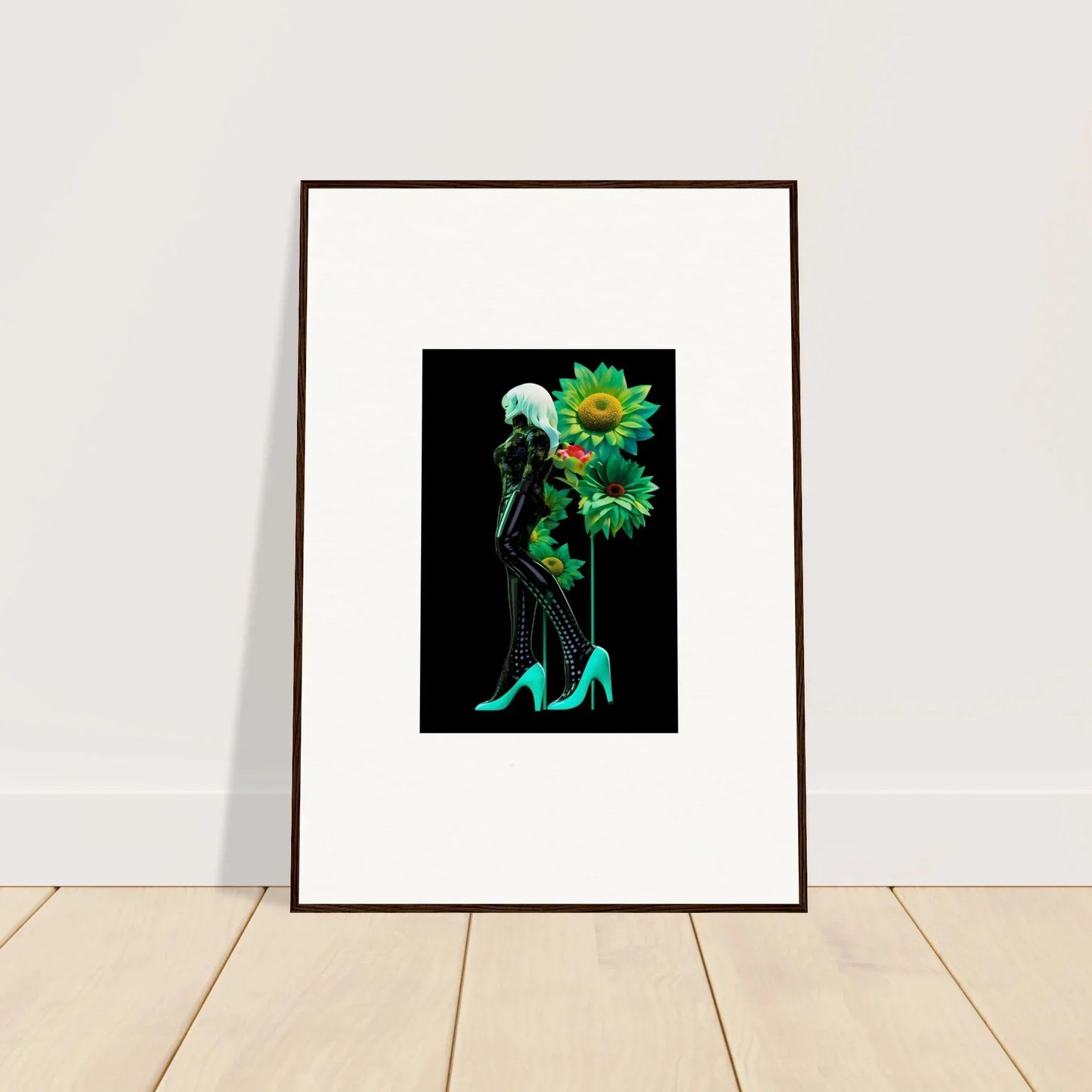 Framed wall art of silhouette in turquoise heels with sunflowers, Petal Mirage Vintage