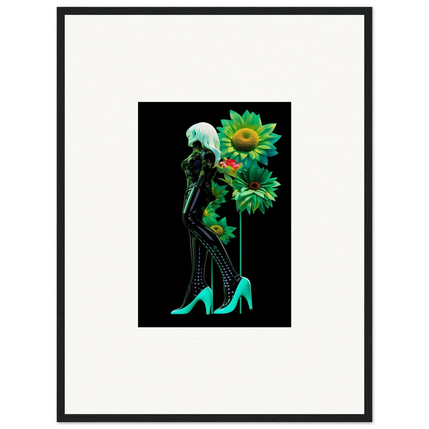 Silhouetted legs in fishnet stockings and turquoise heels beside sunflowers in Petal Mirage Vintage