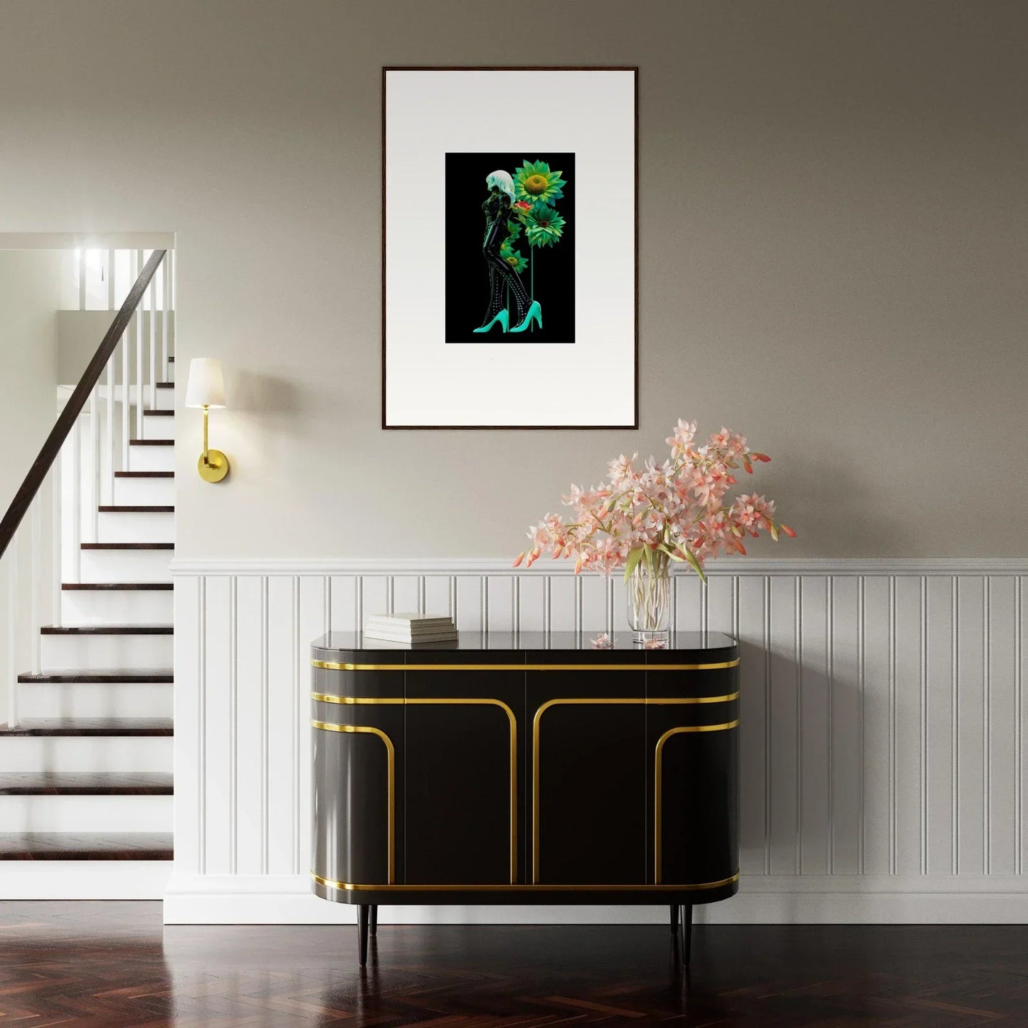 Art Deco black credenza with gold trim from the Petal Mirage Vintage collection