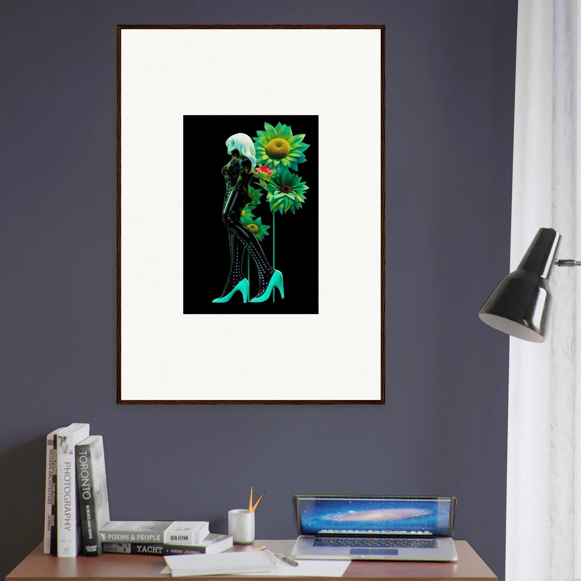 Framed wall art of silhouette with sunflowers and turquoise heels from Petal Mirage Vintage