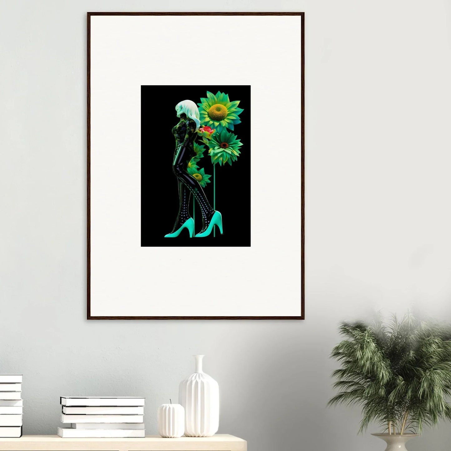 Framed wall art of Petal Mirage Vintage with silhouette and sunflowers on black