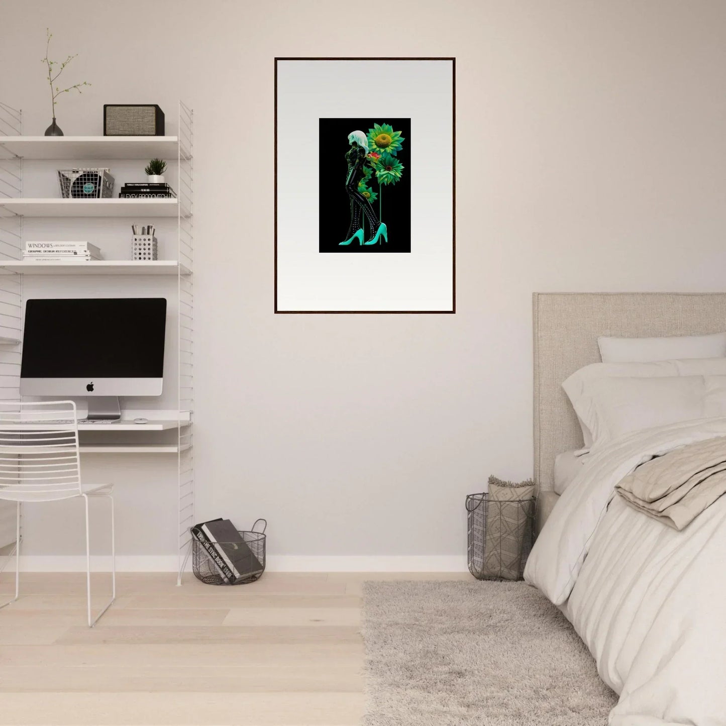 Framed wall art of Petal Mirage Vintage with neon green and blue silhouette on black