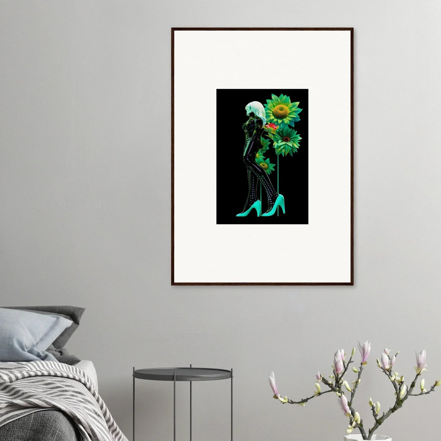 Framed wall art of silhouette with sunflowers in turquoise heels, Petal Mirage Vintage