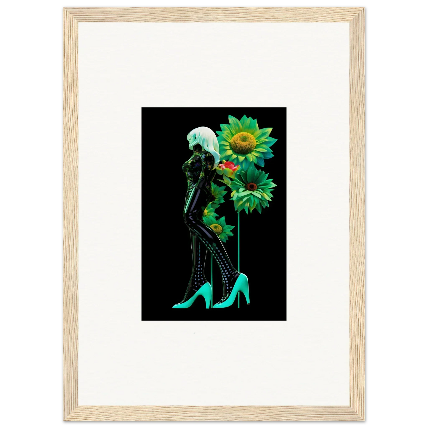 Framed wall art of a silhouetted figure in turquoise heels with sunflowers, Petal Mirage Vintage