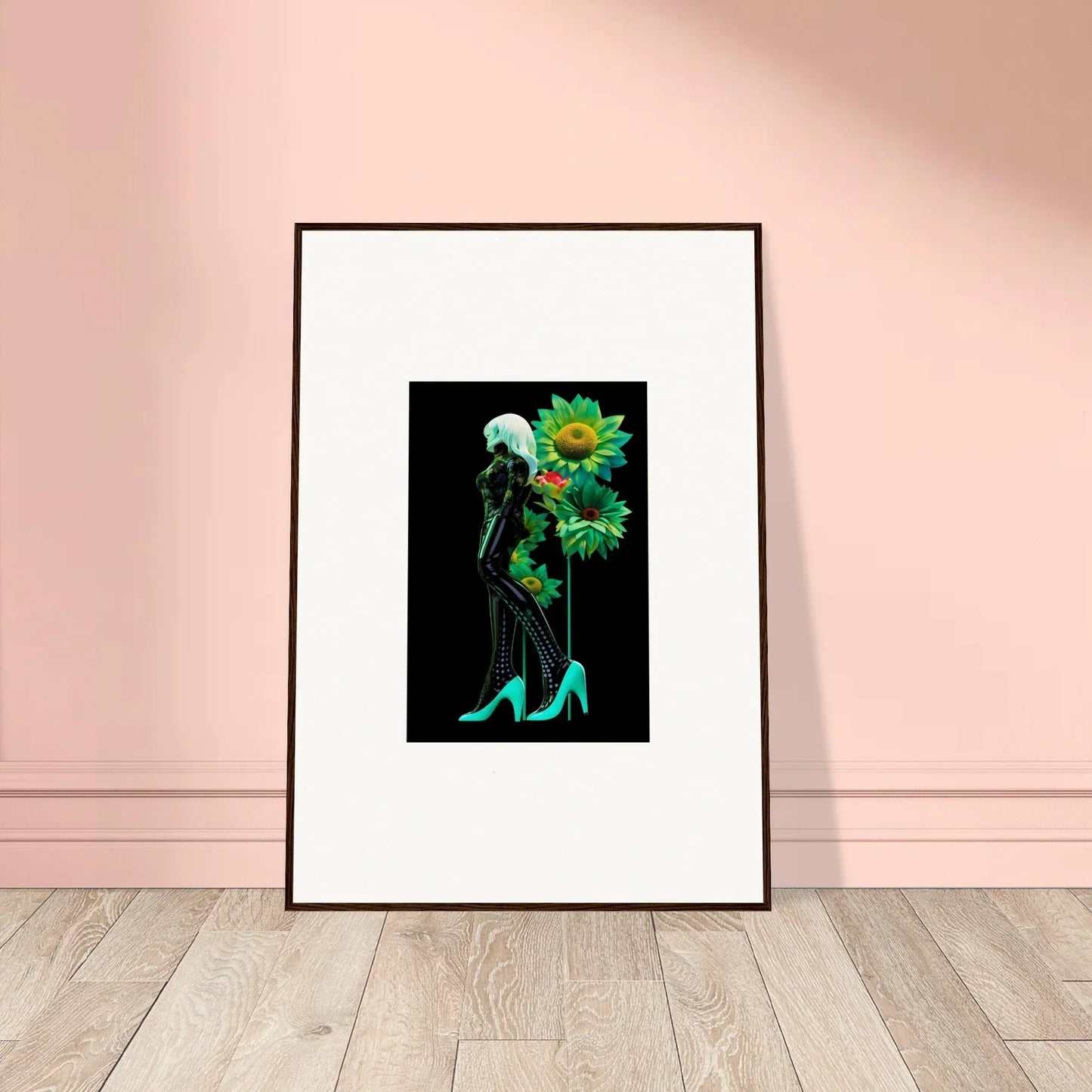 Framed wall art of a silhouetted figure in turquoise heels and sunflowers, Petal Mirage Vintage