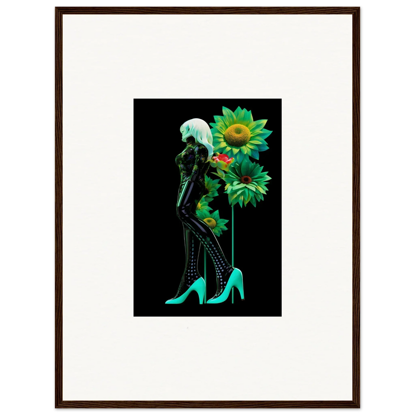 Turquoise high heels and sunflowers in Petal Mirage Vintage framed wall art