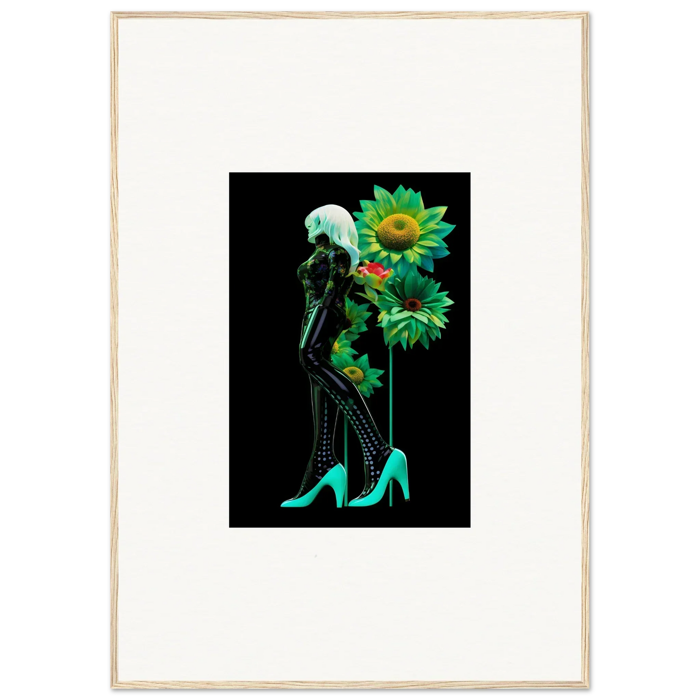 Silhouetted figure in fishnet stockings and turquoise heels with green sunflowers in Petal Mirage Vintage