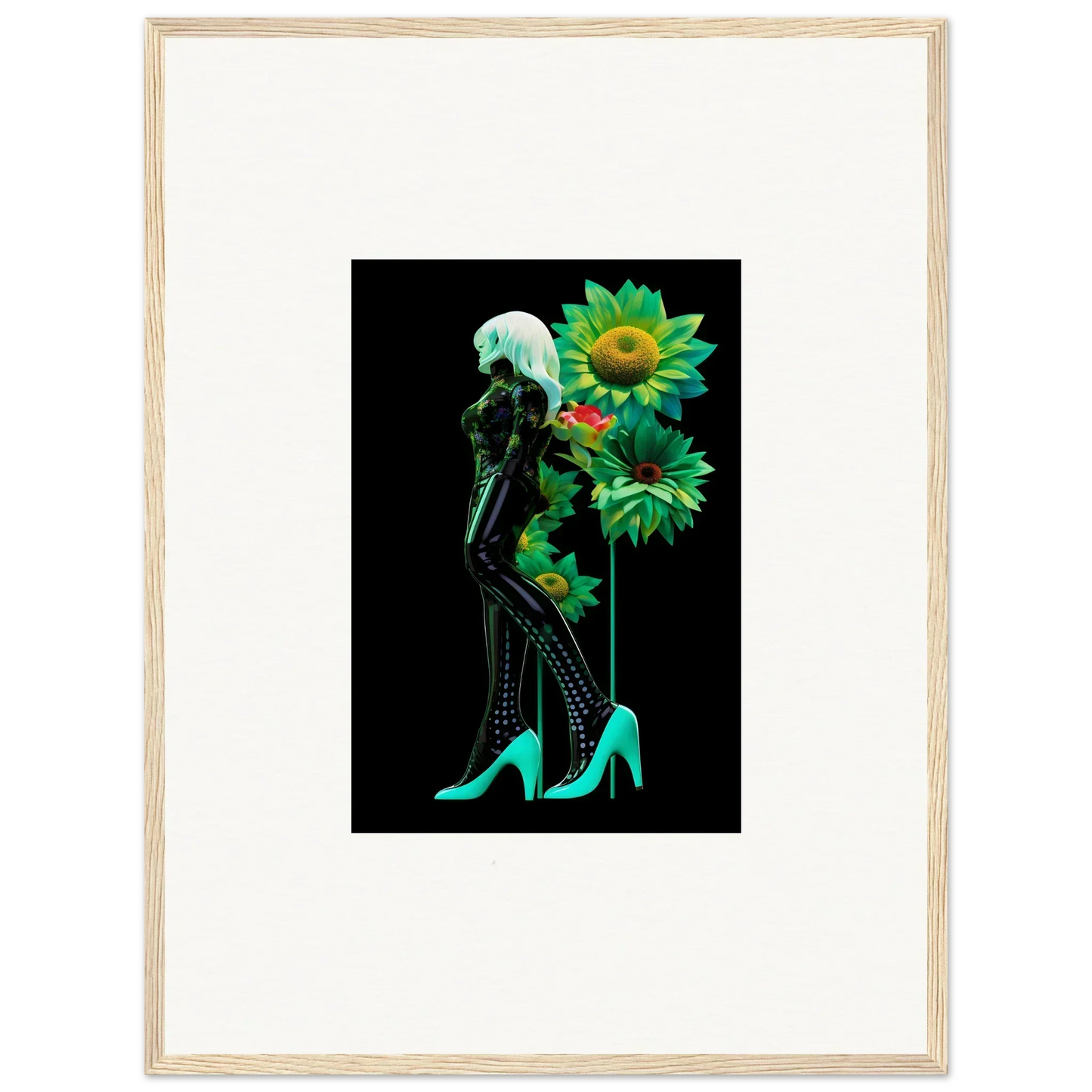 Artistic silhouette in turquoise heels with sunflowers from Petal Mirage Vintage