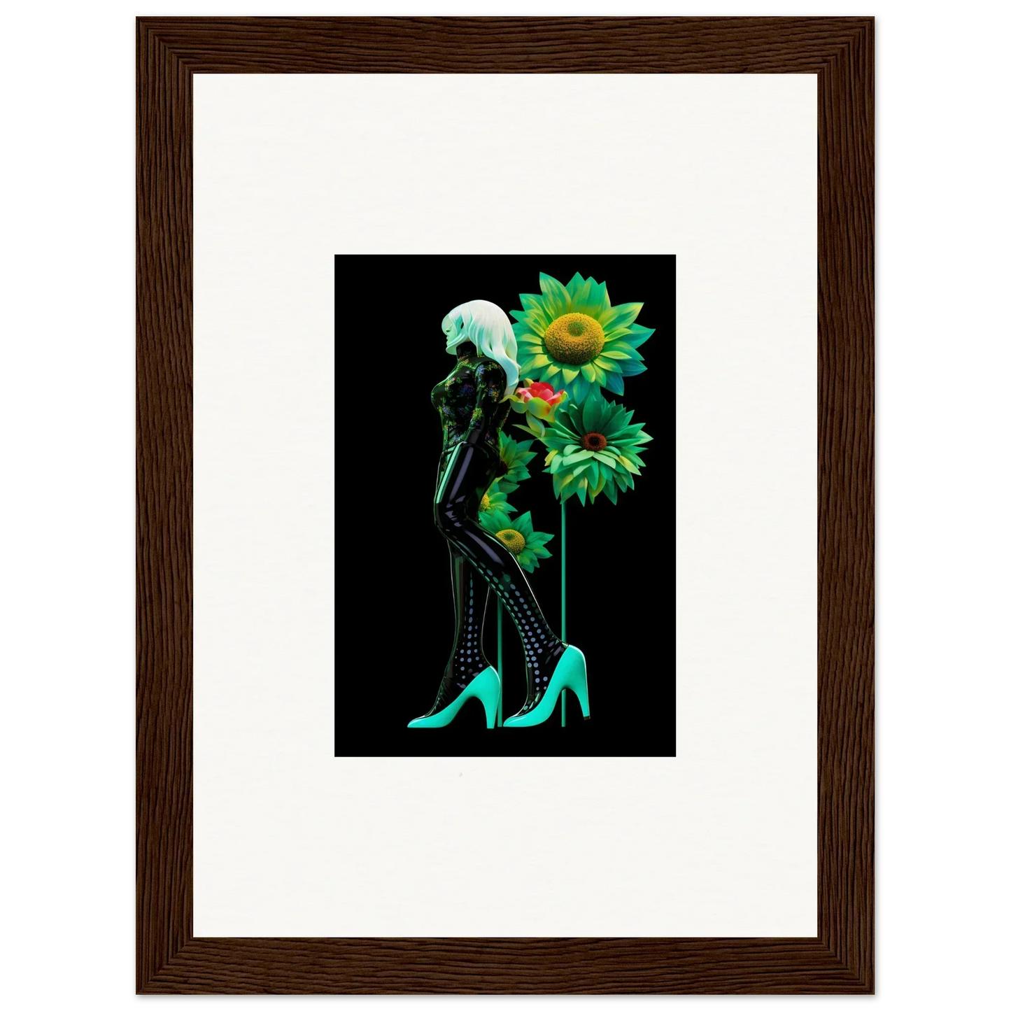 Silhouetted figure in turquoise heels with sunflowers for Petal Mirage Vintage art
