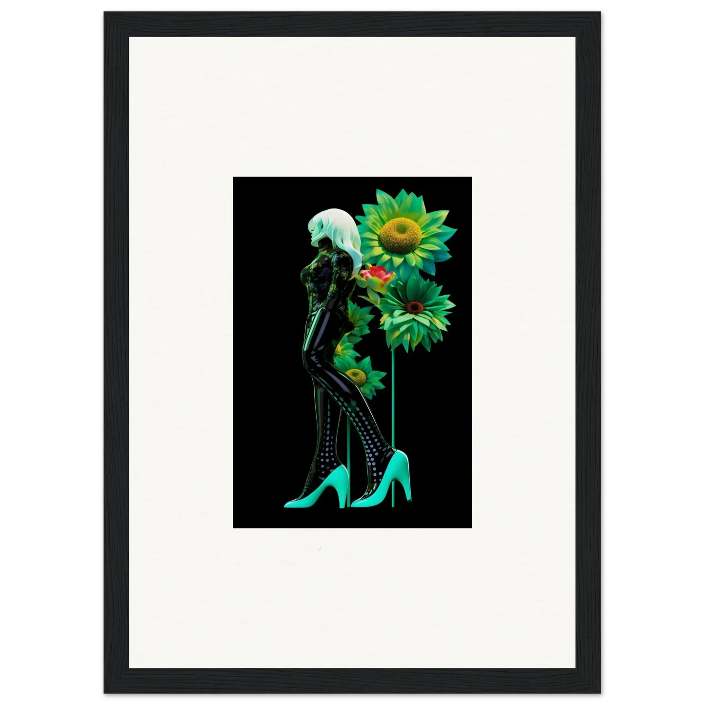 Silhouette of legs in turquoise high heels with sunflowers from Petal Mirage Vintage
