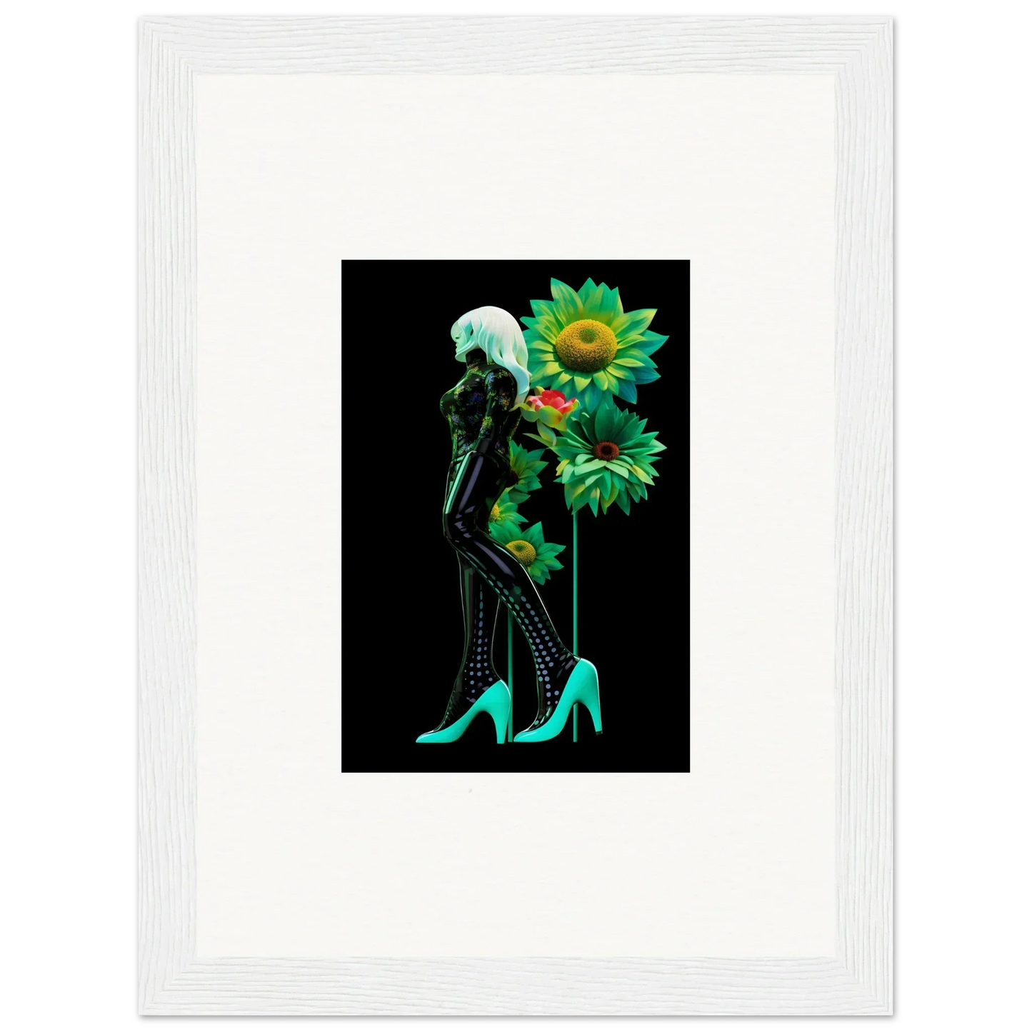 Silhouetted figure in turquoise heels with sunflowers in Petal Mirage Vintage art