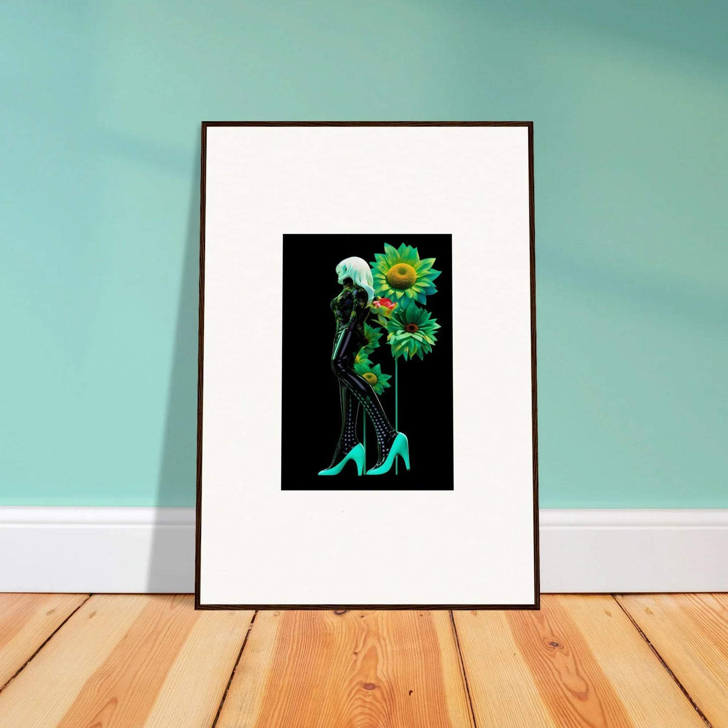 Framed wall art of silhouette in turquoise heels with sunflowers, Petal Mirage Vintage