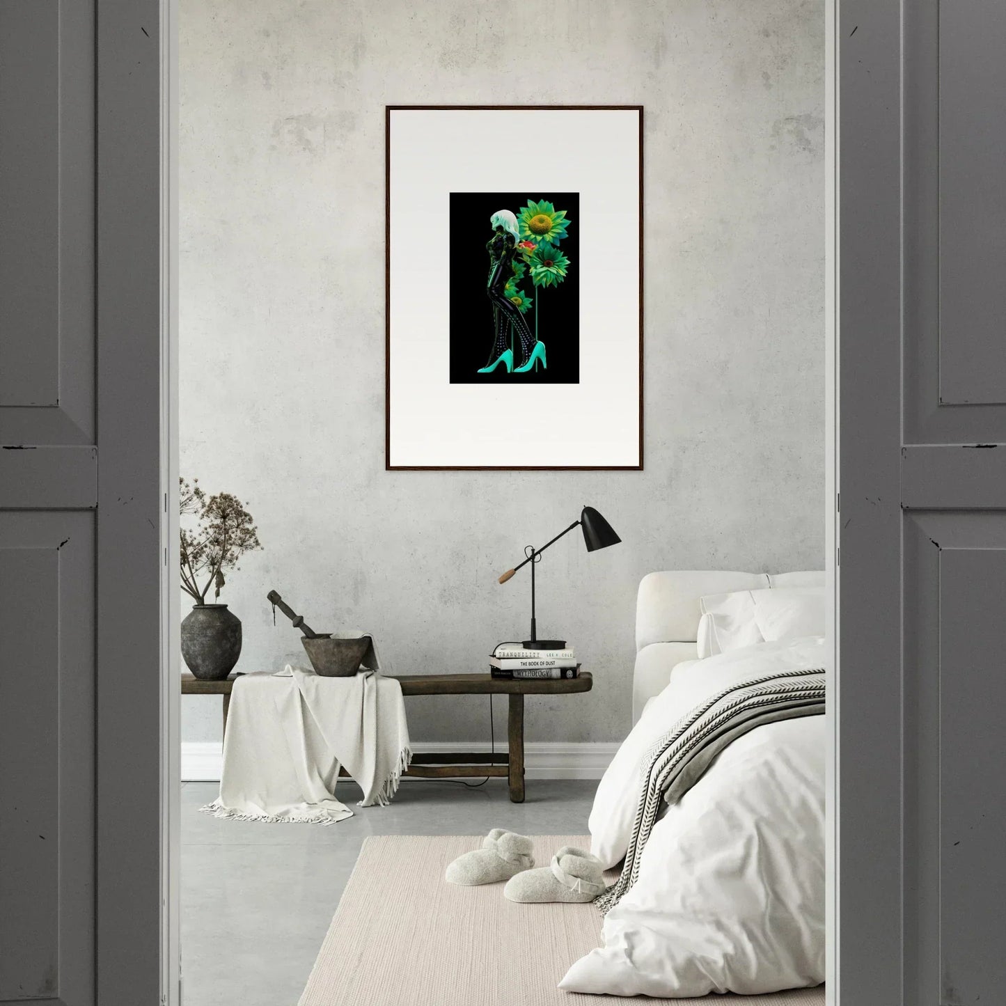 Framed wall art of Petal Mirage Vintage with turquoise figure and floral elements