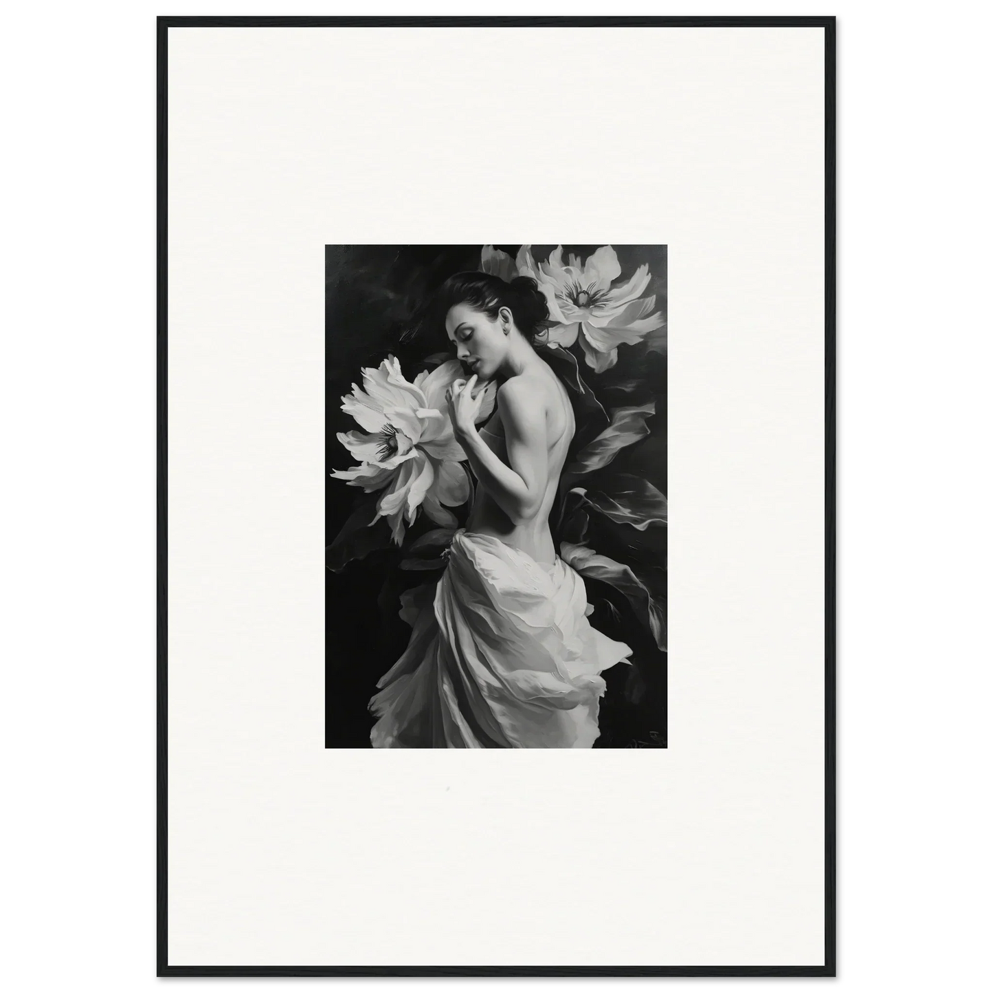 Black and white photo of a woman in a dress among flowers for Mond Apparition wall art