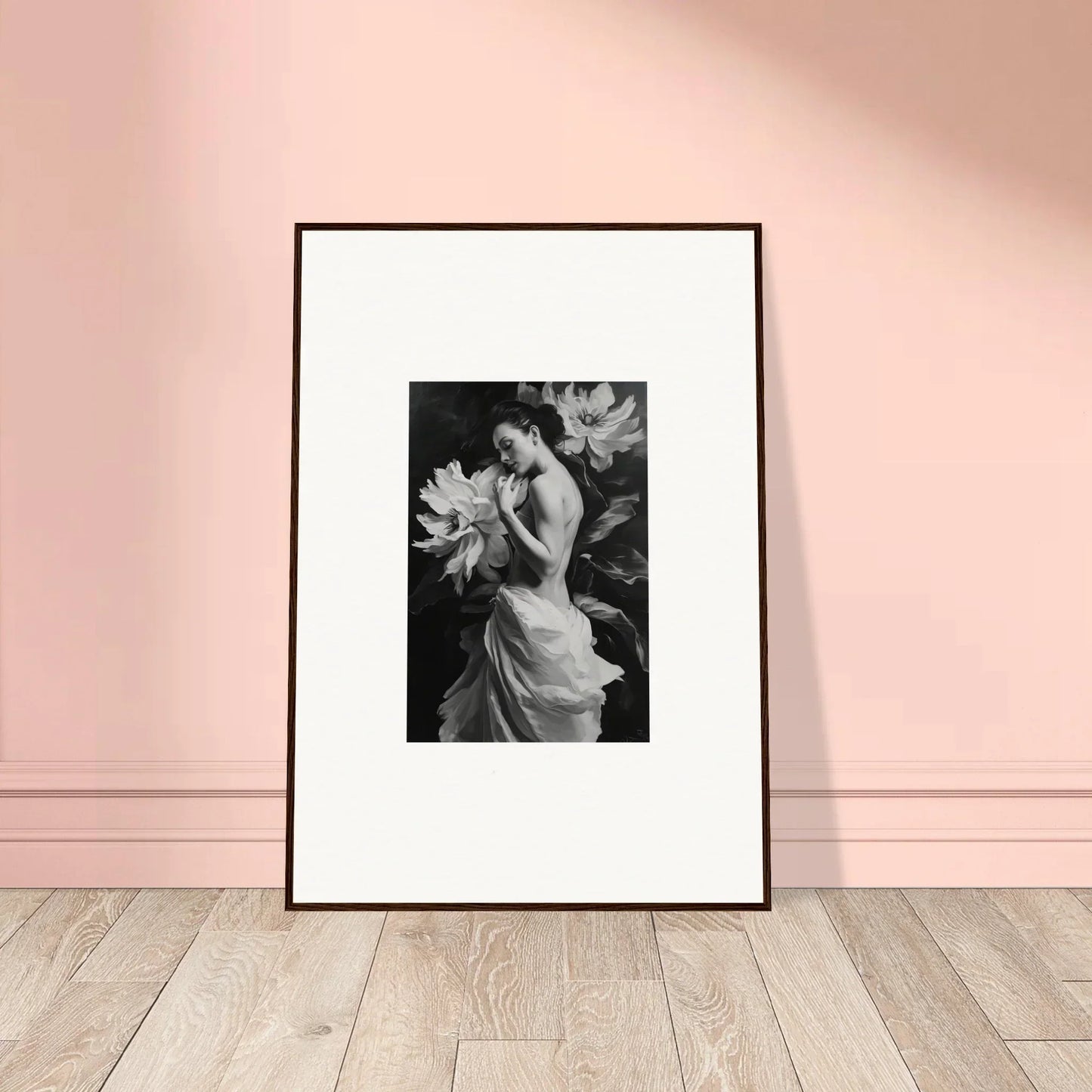 Framed black and white Framed Wall Art of Mond Apparition figure among large flowers