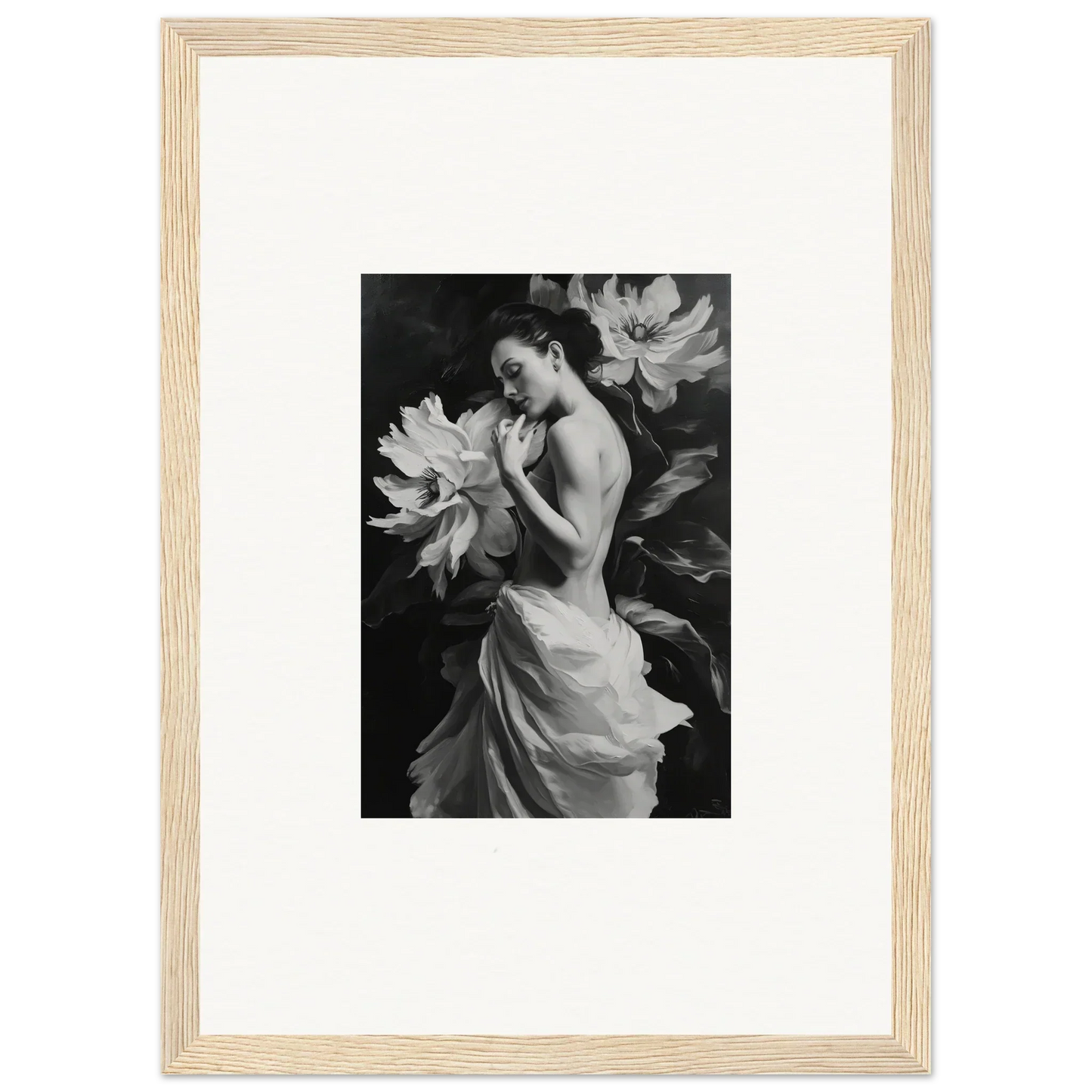 Black and white photograph of a woman in a flowing dress for Mond Apparition room decor
