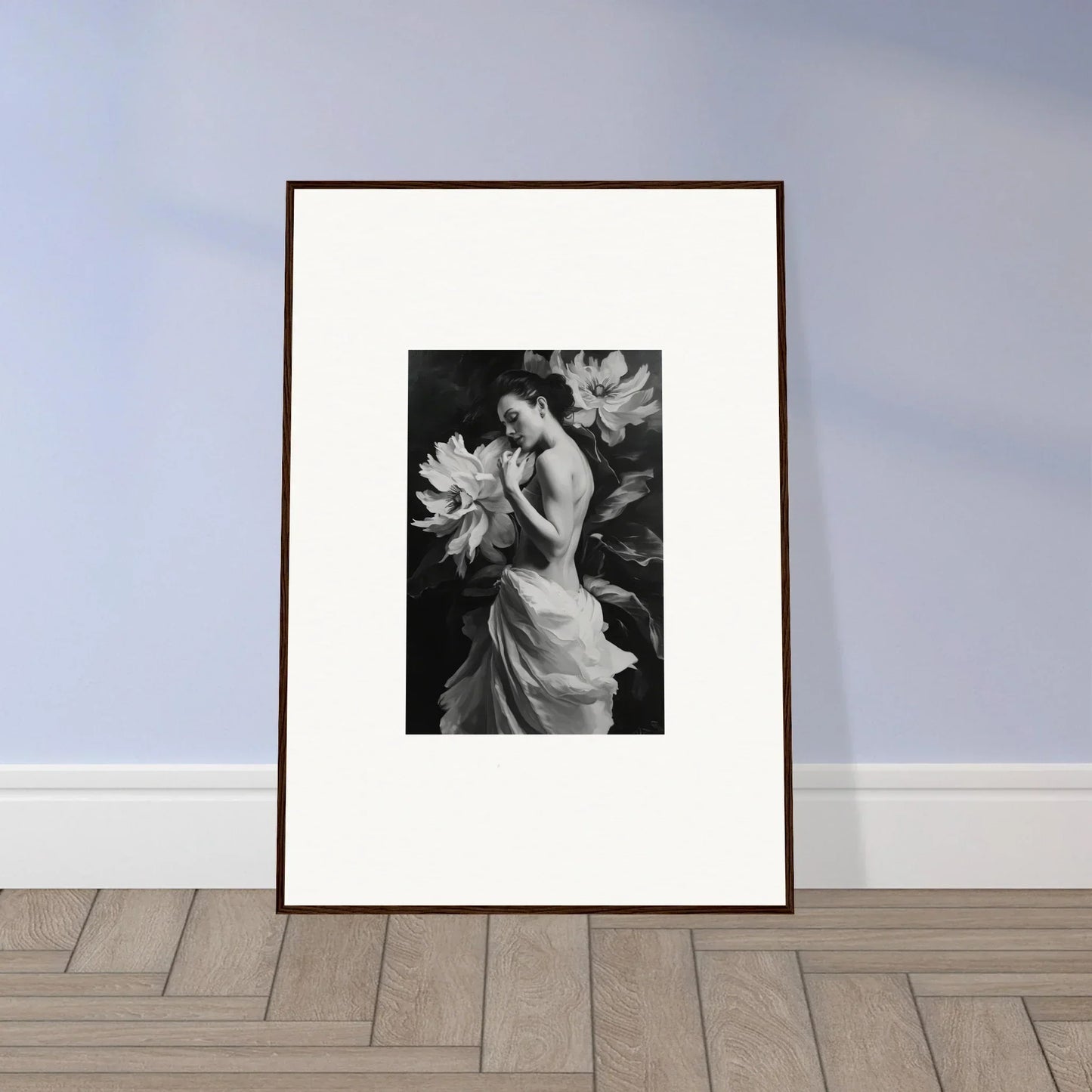 Framed black and white wall art of a woman in a dress, perfect for Mond Apparition room decor
