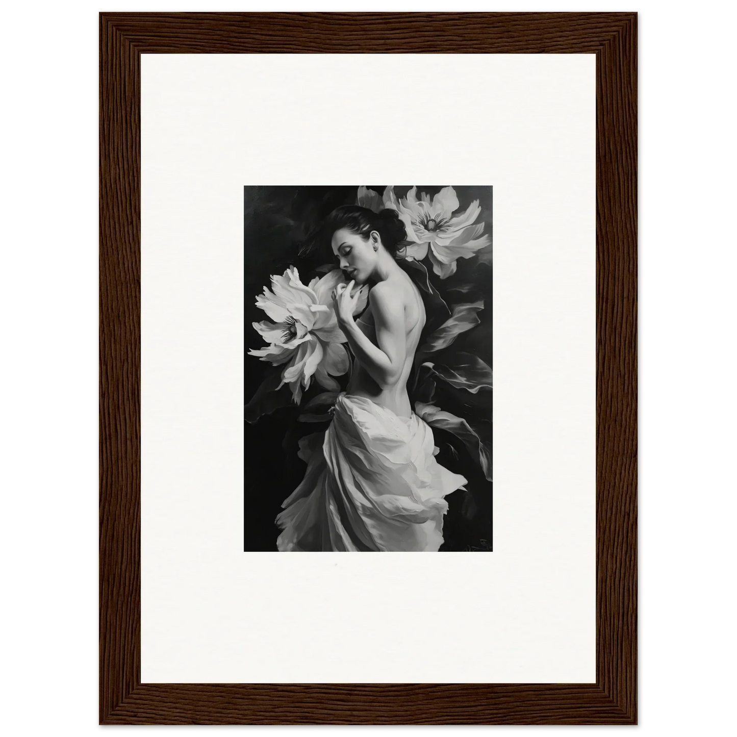 Framed black and white wall art of a woman in dress with large flowers, Mond Apparition