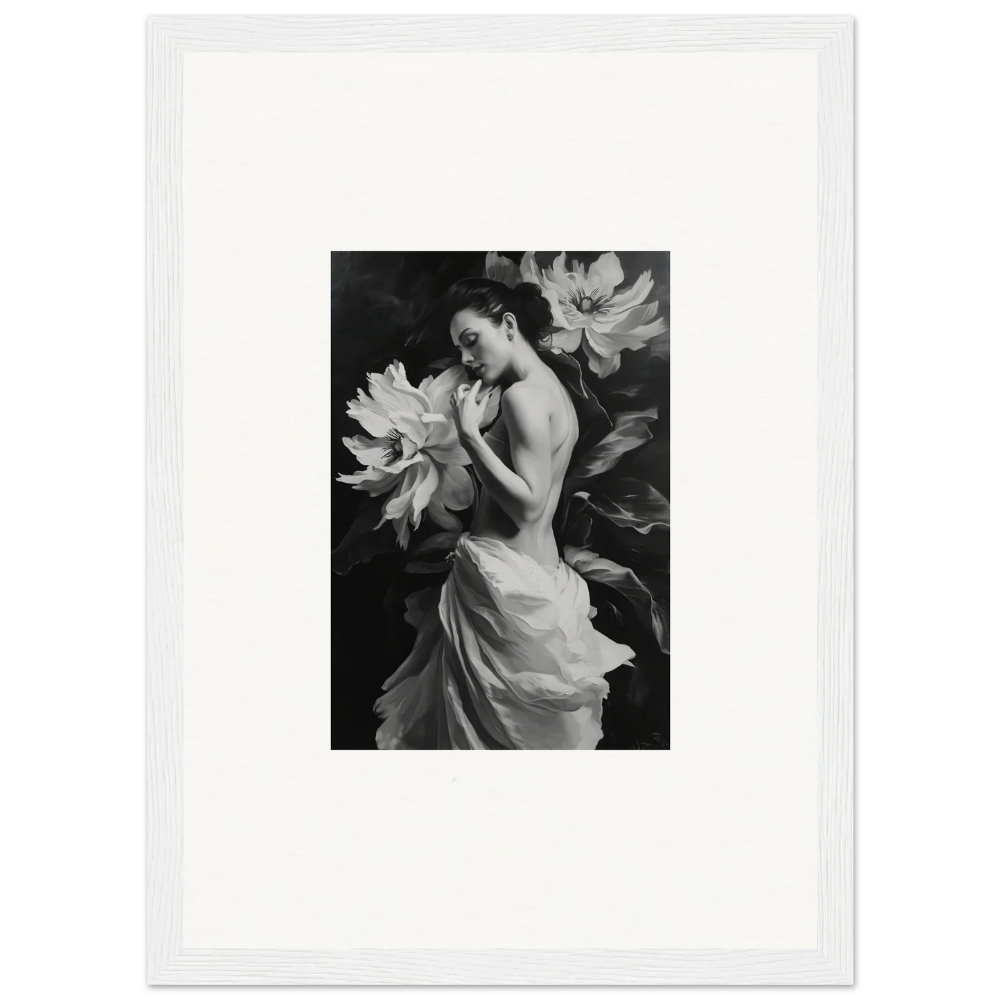 Black and white photo of a woman in a dress amidst large flowers for Mond Apparition room decor