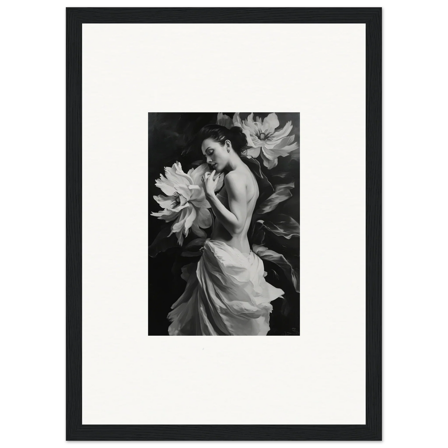 Black and white photo of woman in dress amidst flowers, ideal for Mond Apparition wall decor