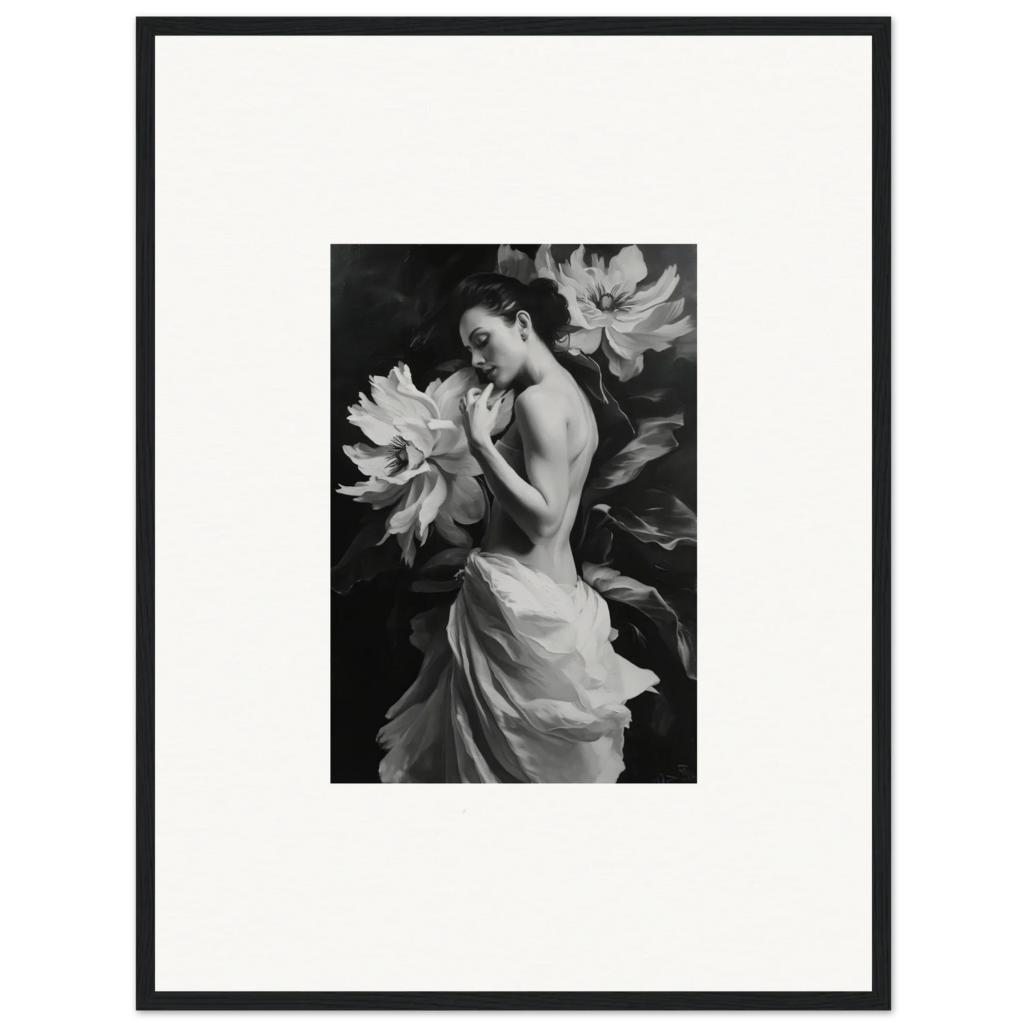 Black and white image of a woman in a dress with large blossoms for Mond Apparition decor