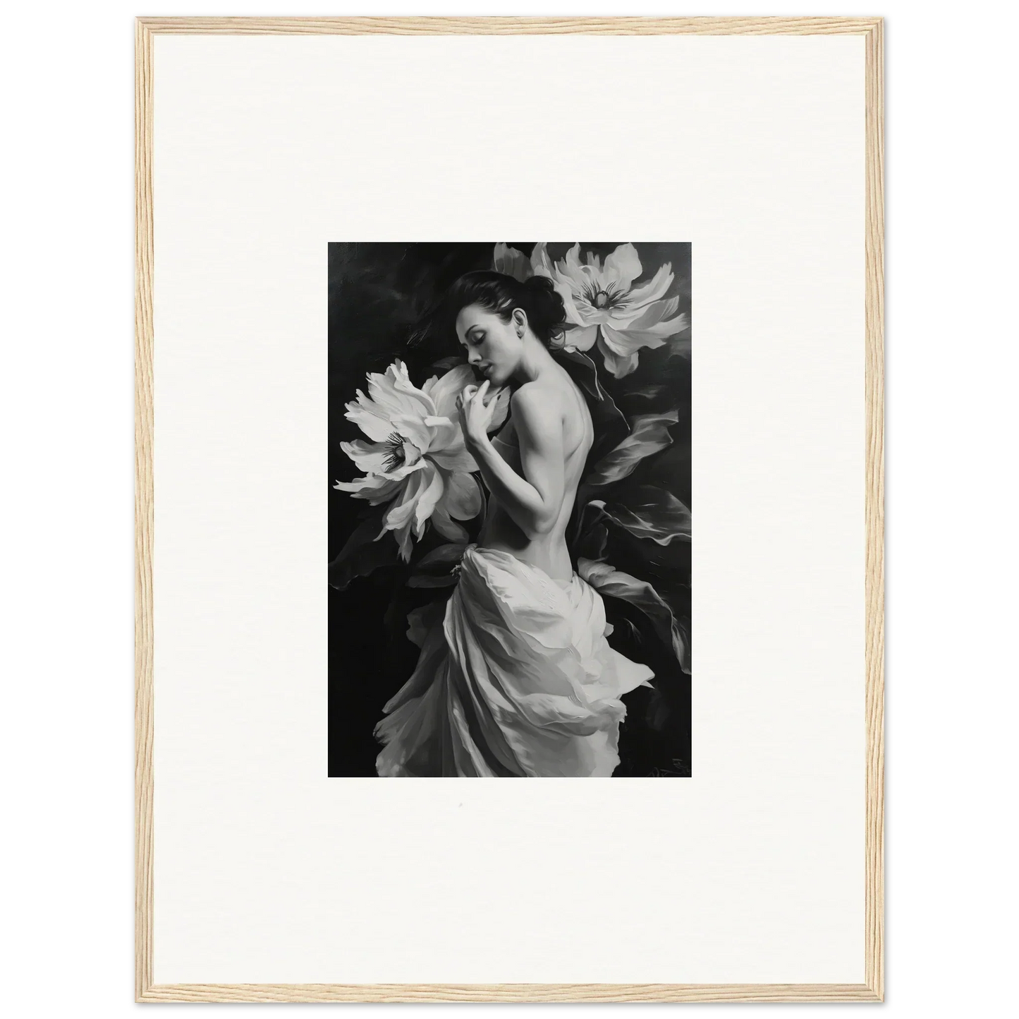 Black and white photo of a woman in a dress among flowers, perfect for Room Decor