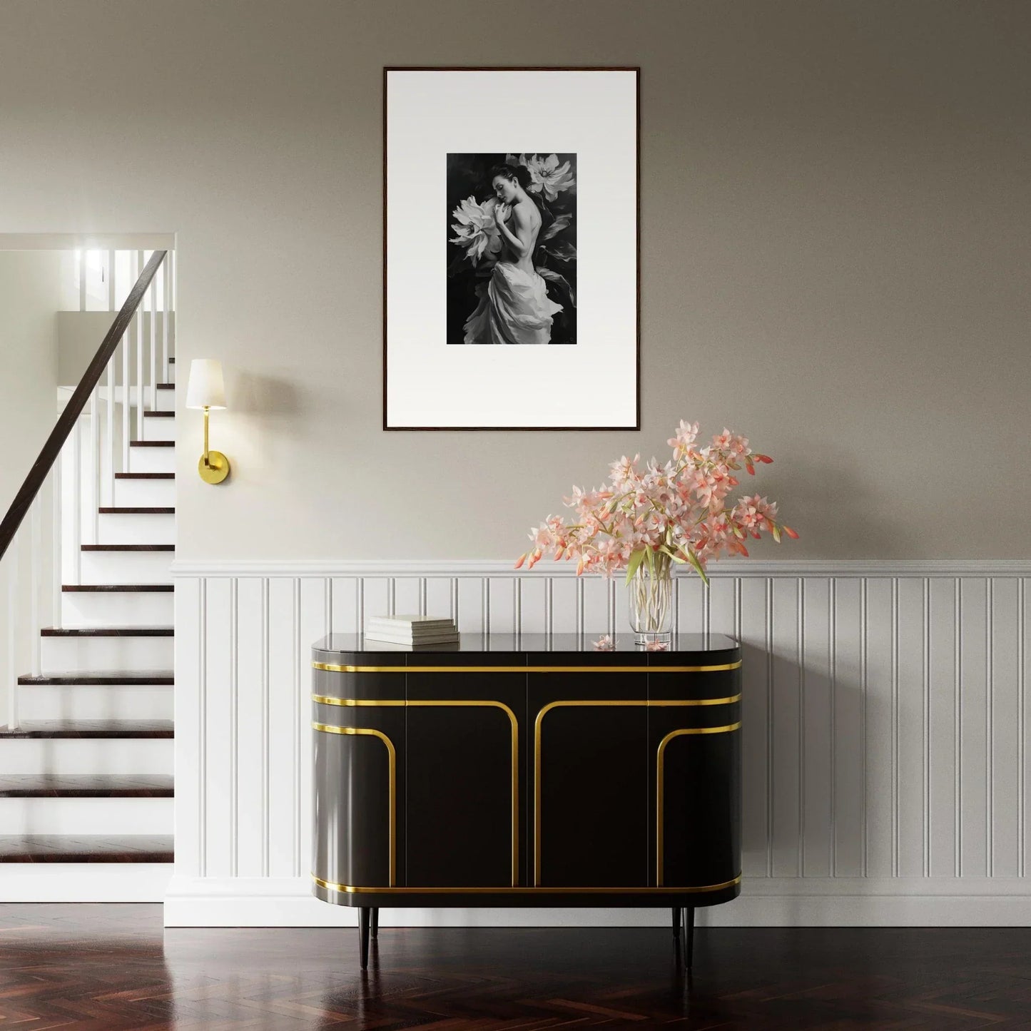 Elegant black and gold sideboard under Mond Apparition framed wall art for stylish room decor