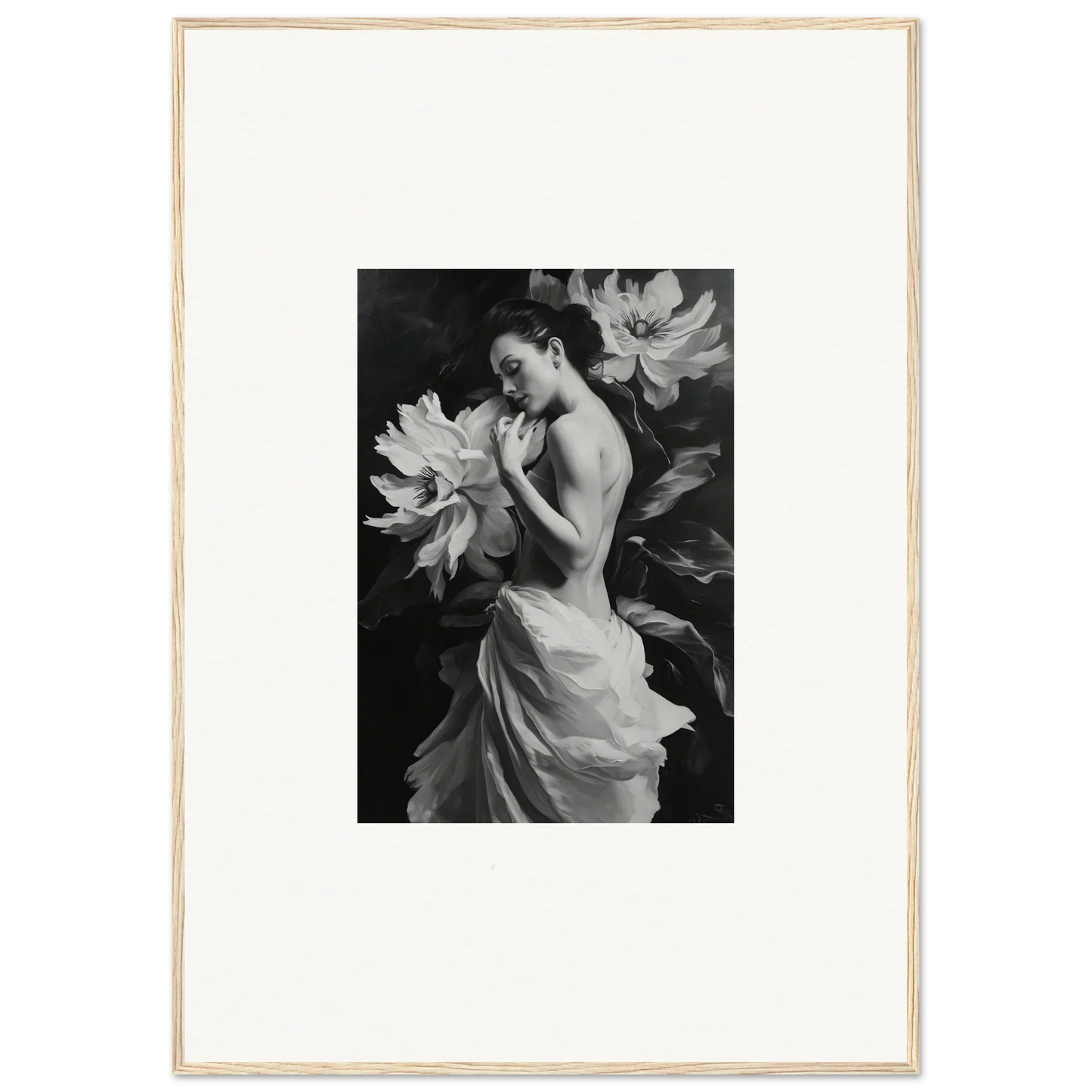 Black and white photograph of a woman in a flowing dress for Mond Apparition room decor