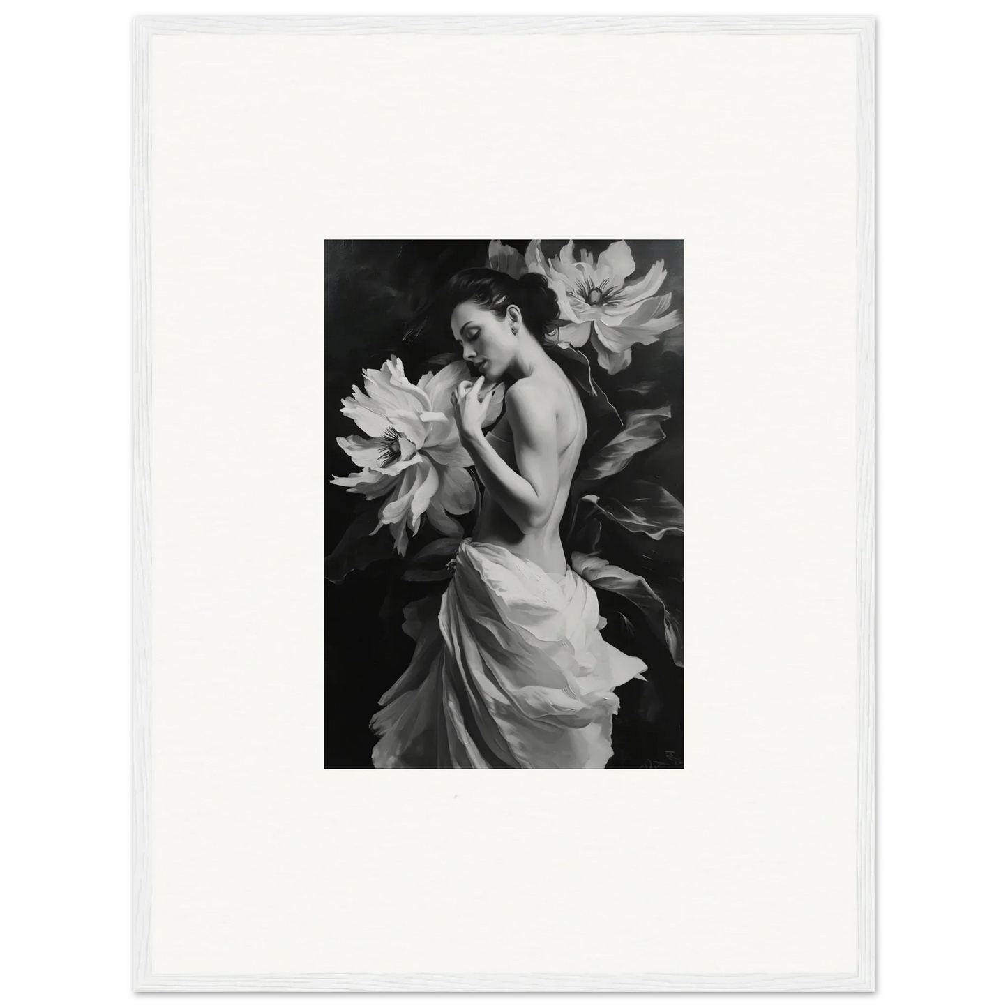 Black and white photograph of a woman in a flowing dress for Mond Apparition wall art