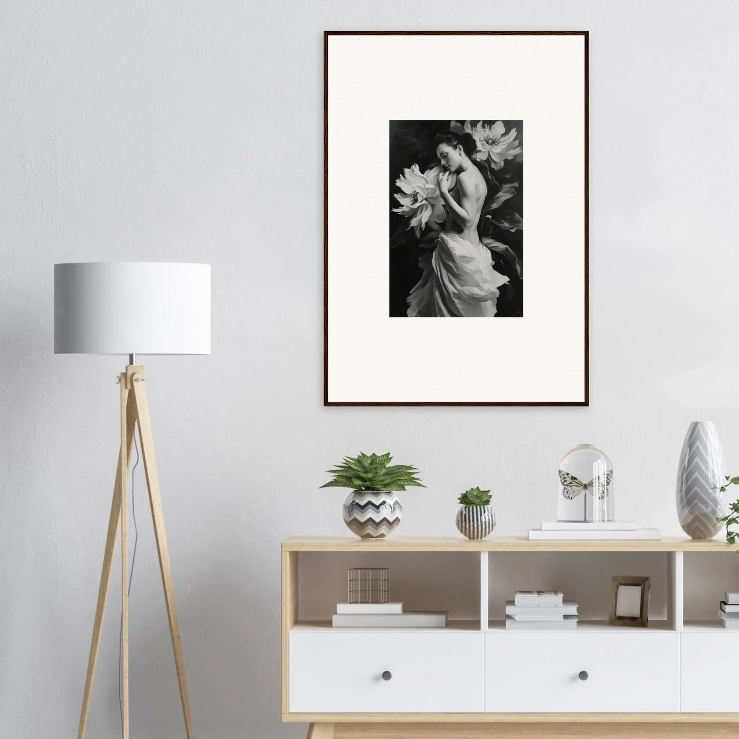 Framed black and white Petal Mond Apparition photograph for stylish room decor