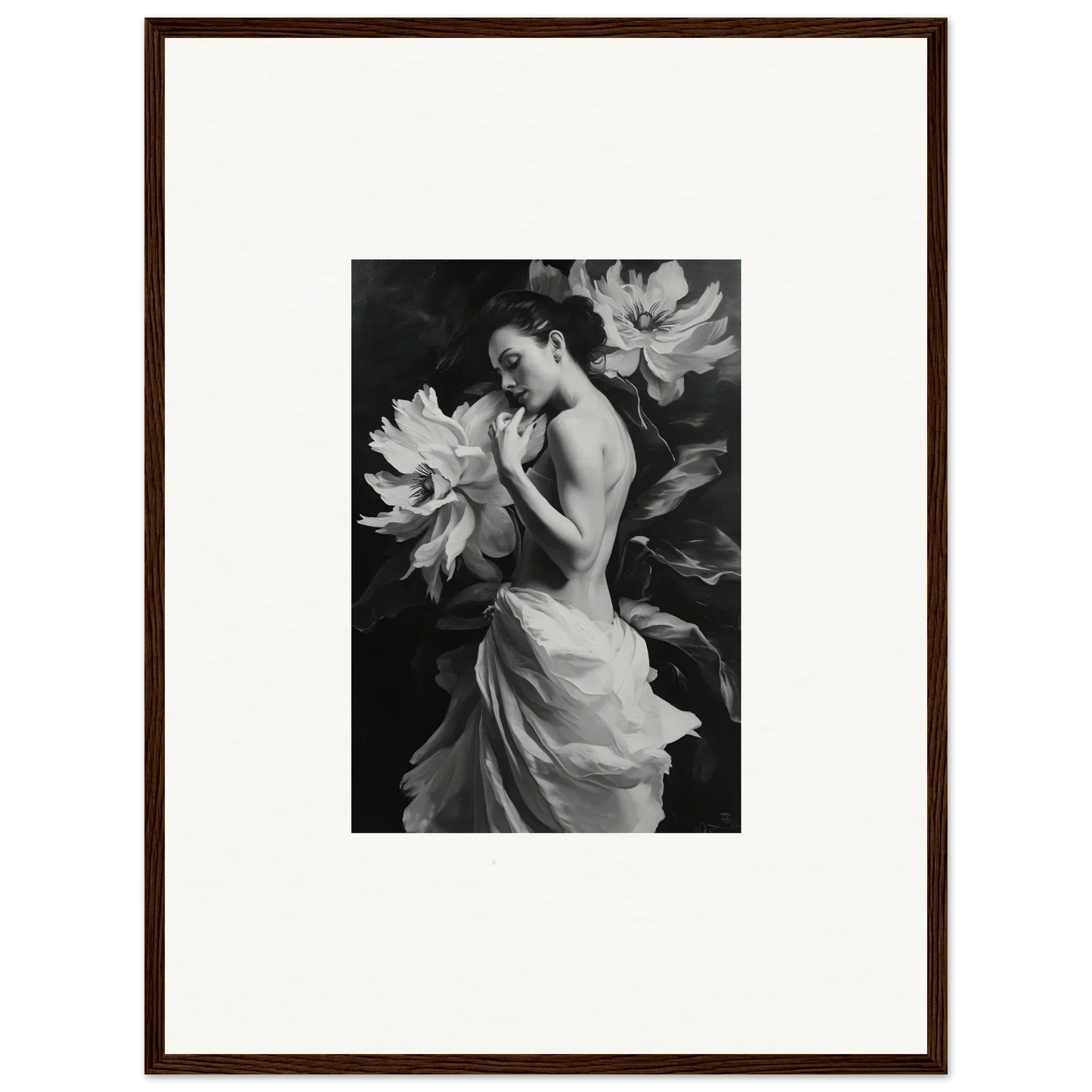 Black and white photo of a woman in a dress with large blossoms for Mond Apparition wall art